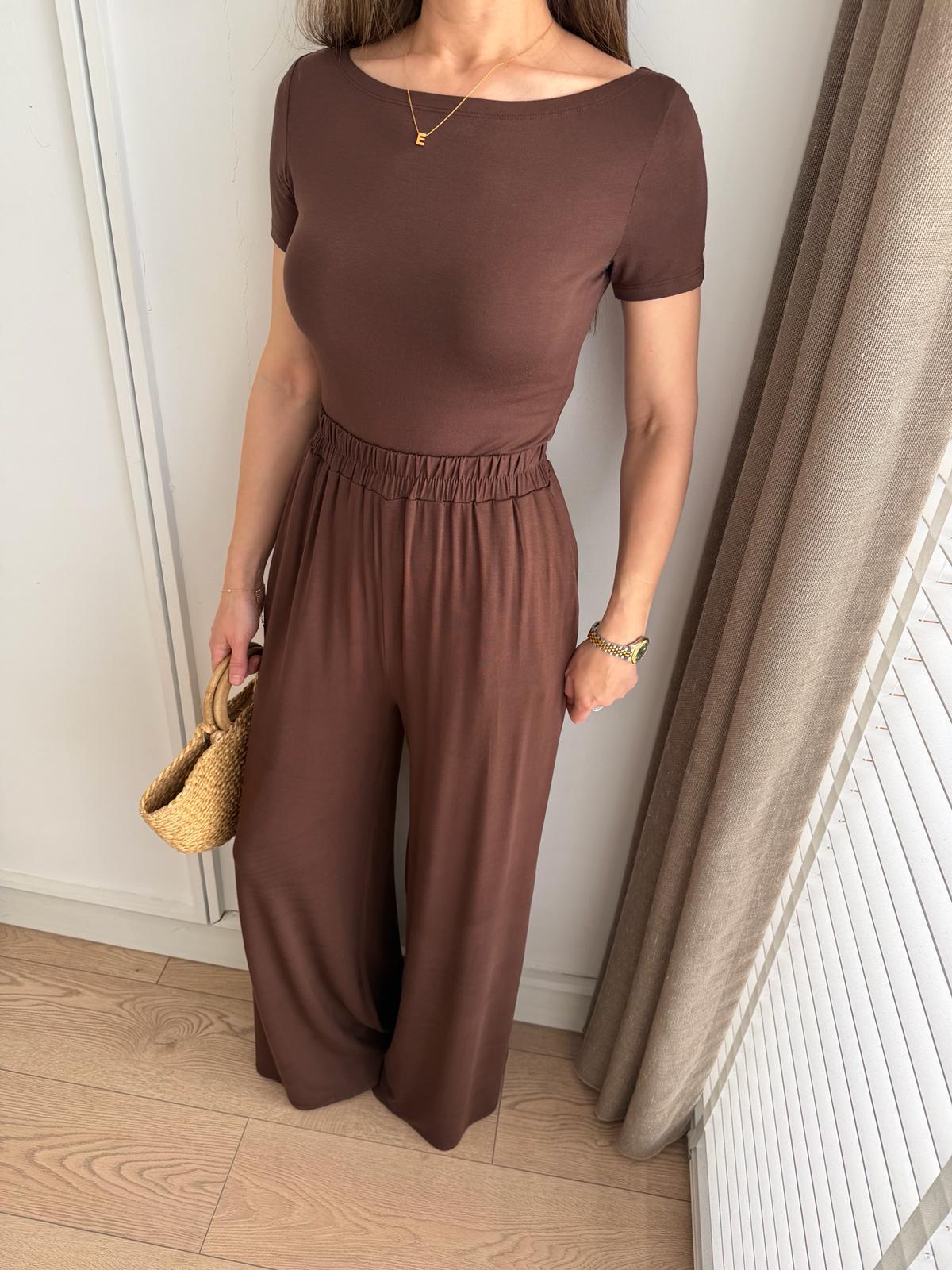 Kahve rengi Kısa Kollu Bluz Pantolon Modal Takım 251060