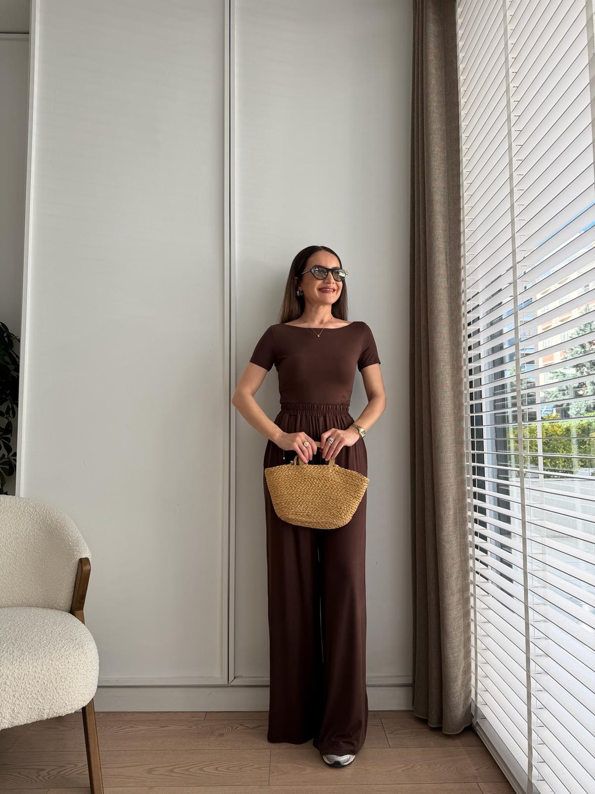 Kahve rengi Kısa Kollu Bluz Pantolon Modal Takım 251060