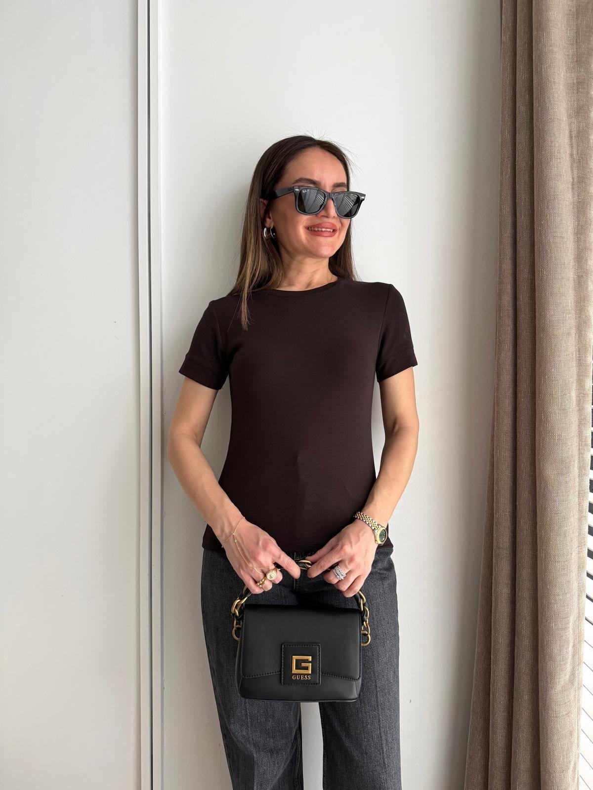Kahve rengi Kısa Kolu Basic Tshirt 32637