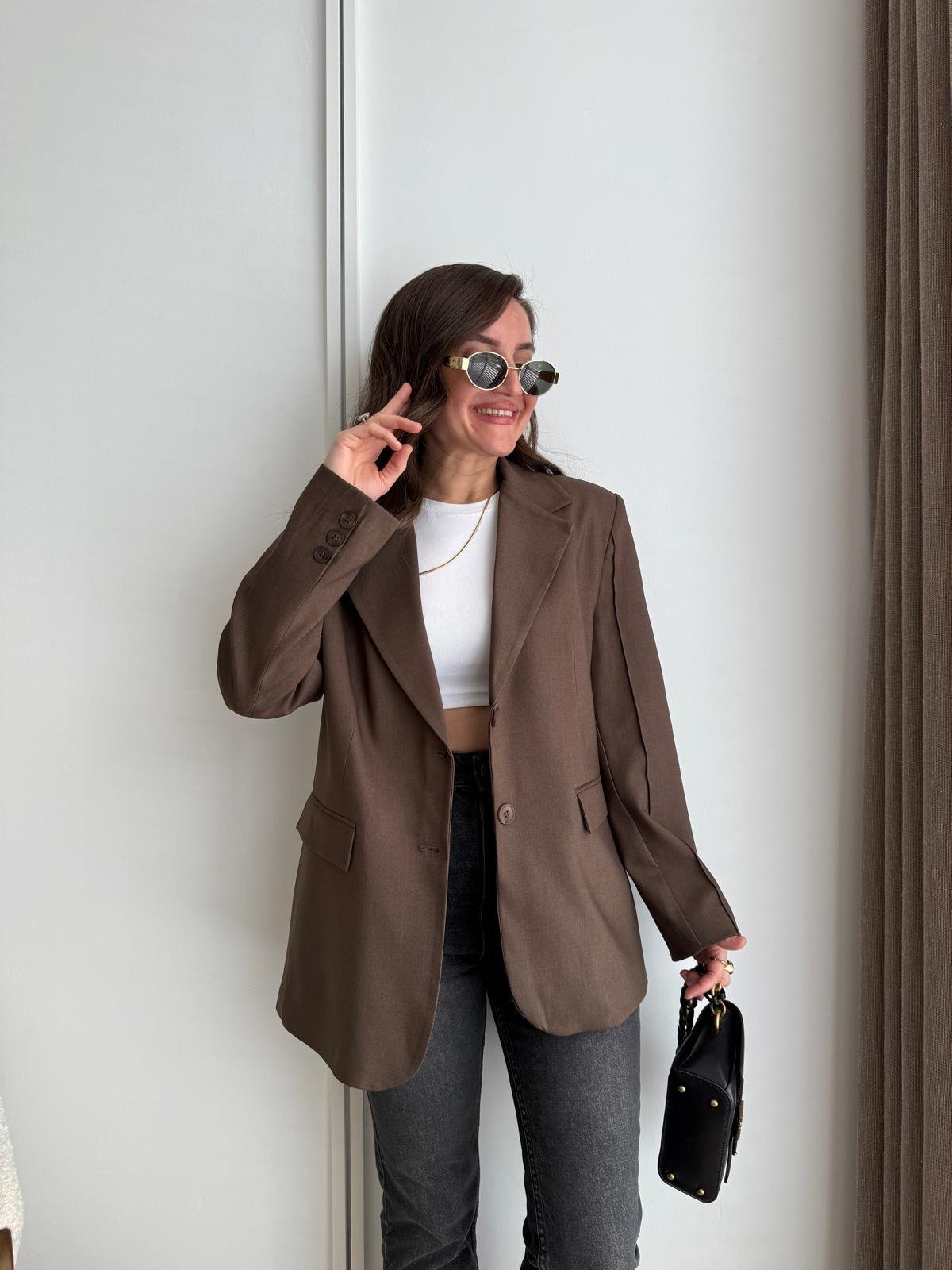 Kahve rengi Kol Dikiş Detaylı Düğmeli Blazer Ceket 7450