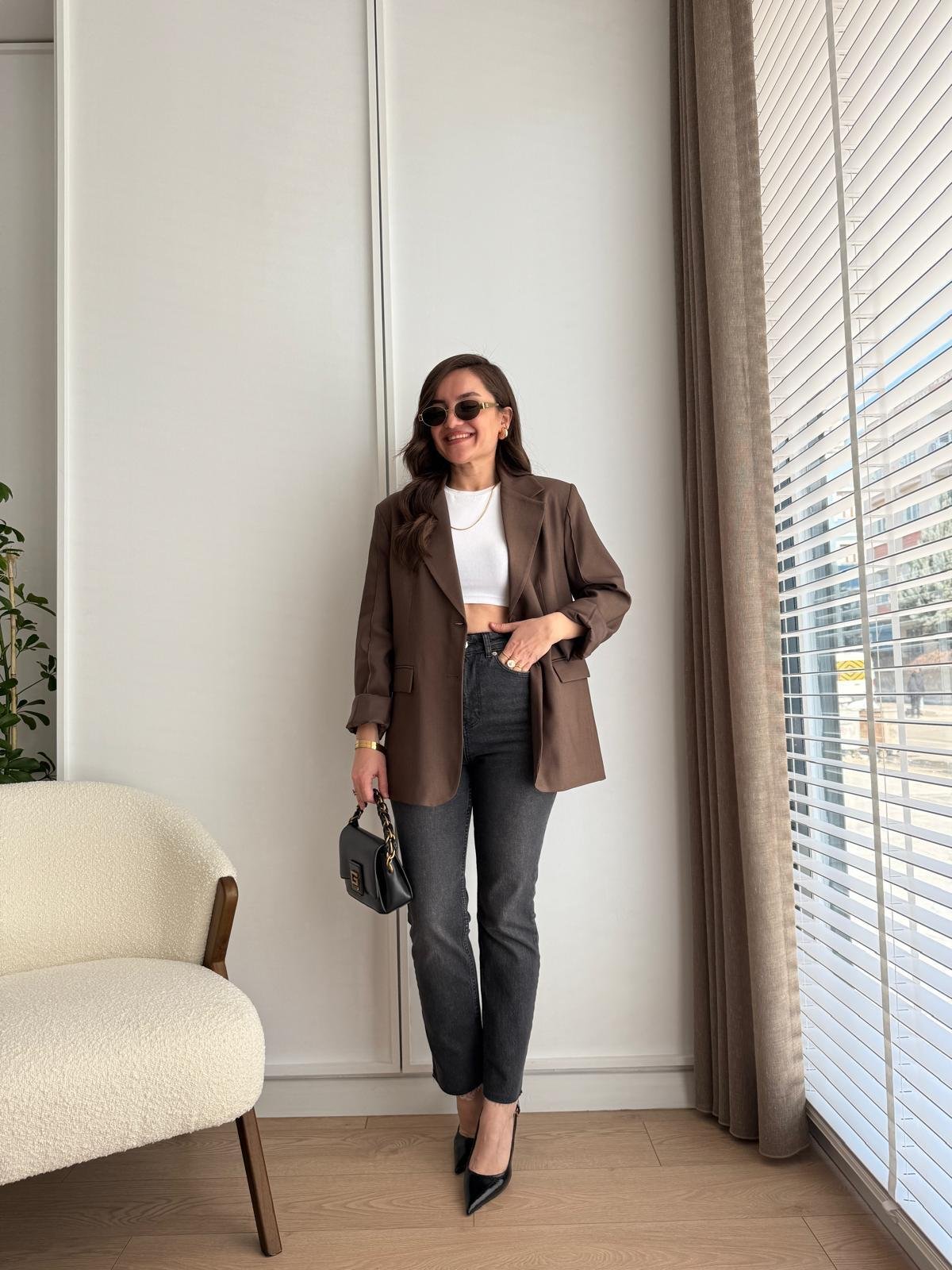 Kahve rengi Kol Dikiş Detaylı Düğmeli Blazer Ceket 7450