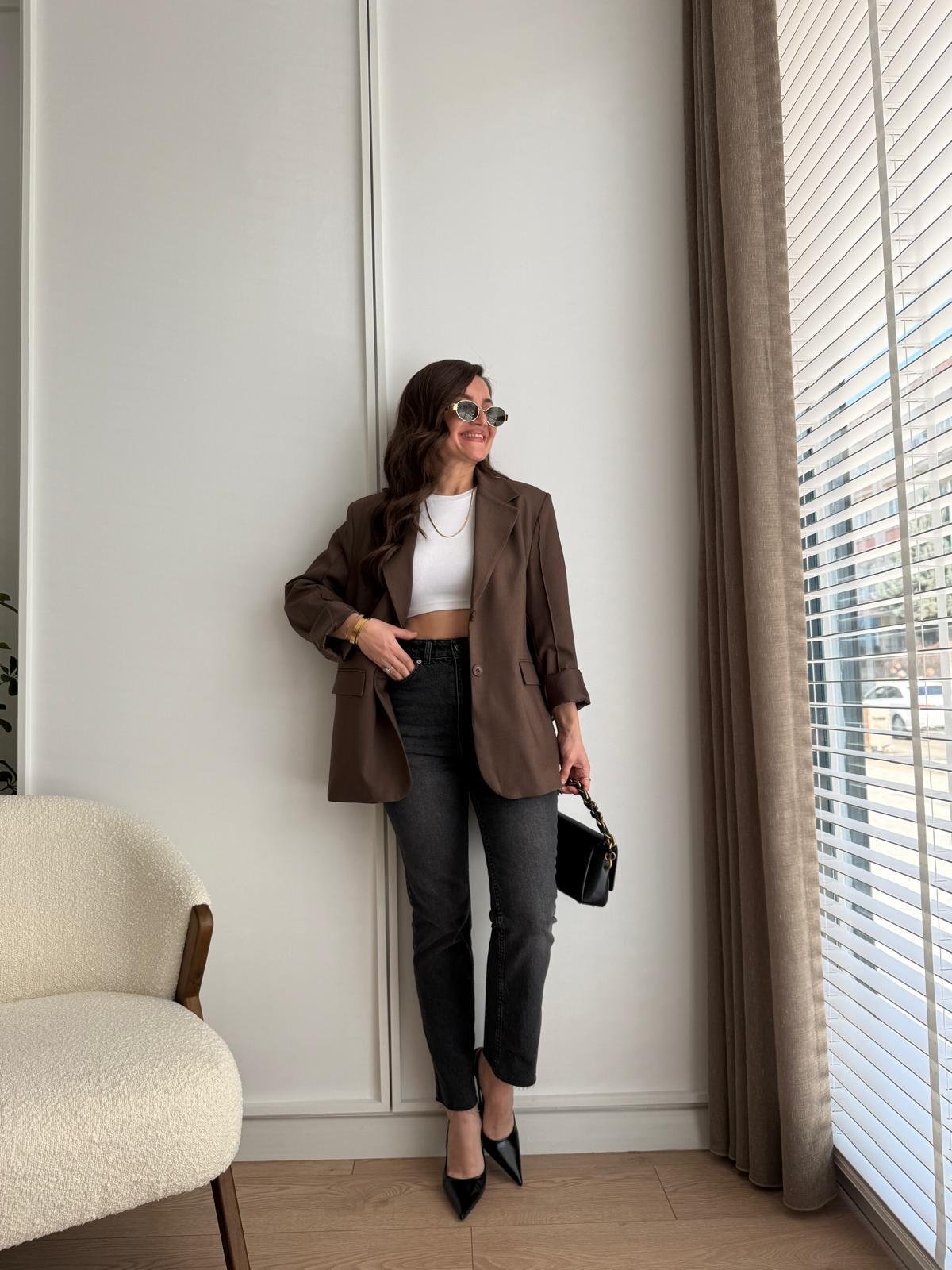 Kahve rengi Kol Dikiş Detaylı Düğmeli Blazer Ceket 7450