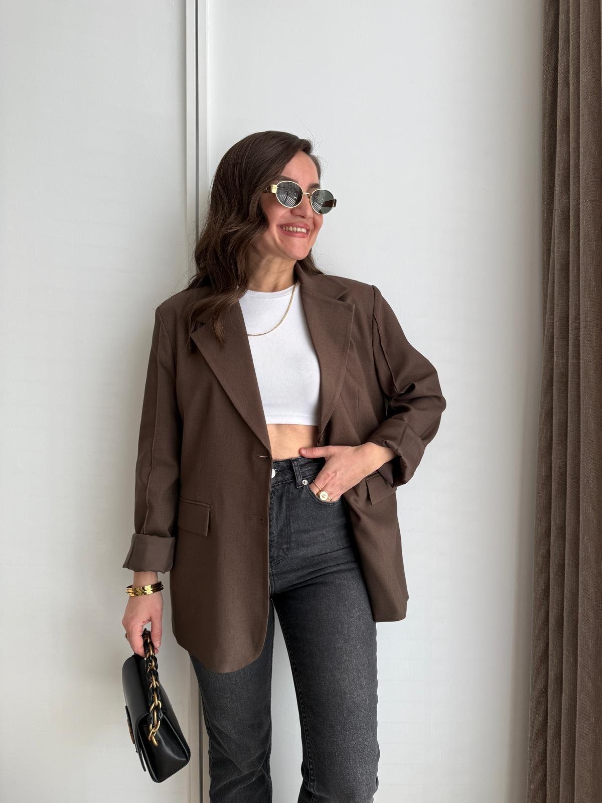 Kahve rengi Kol Dikiş Detaylı Düğmeli Blazer Ceket 7450
