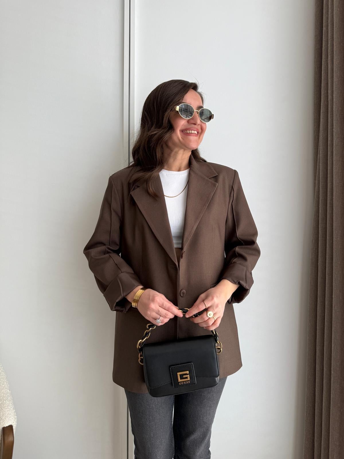 Kahve rengi Kol Dikiş Detaylı Düğmeli Blazer Ceket 7450