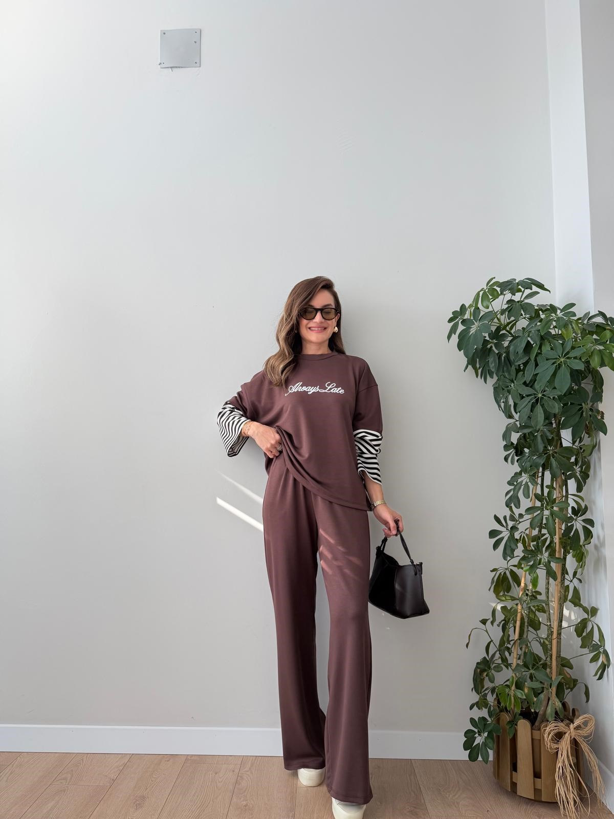 Kahve rengi Kolları Çizgili Palazzo Pantolon Takım 4237