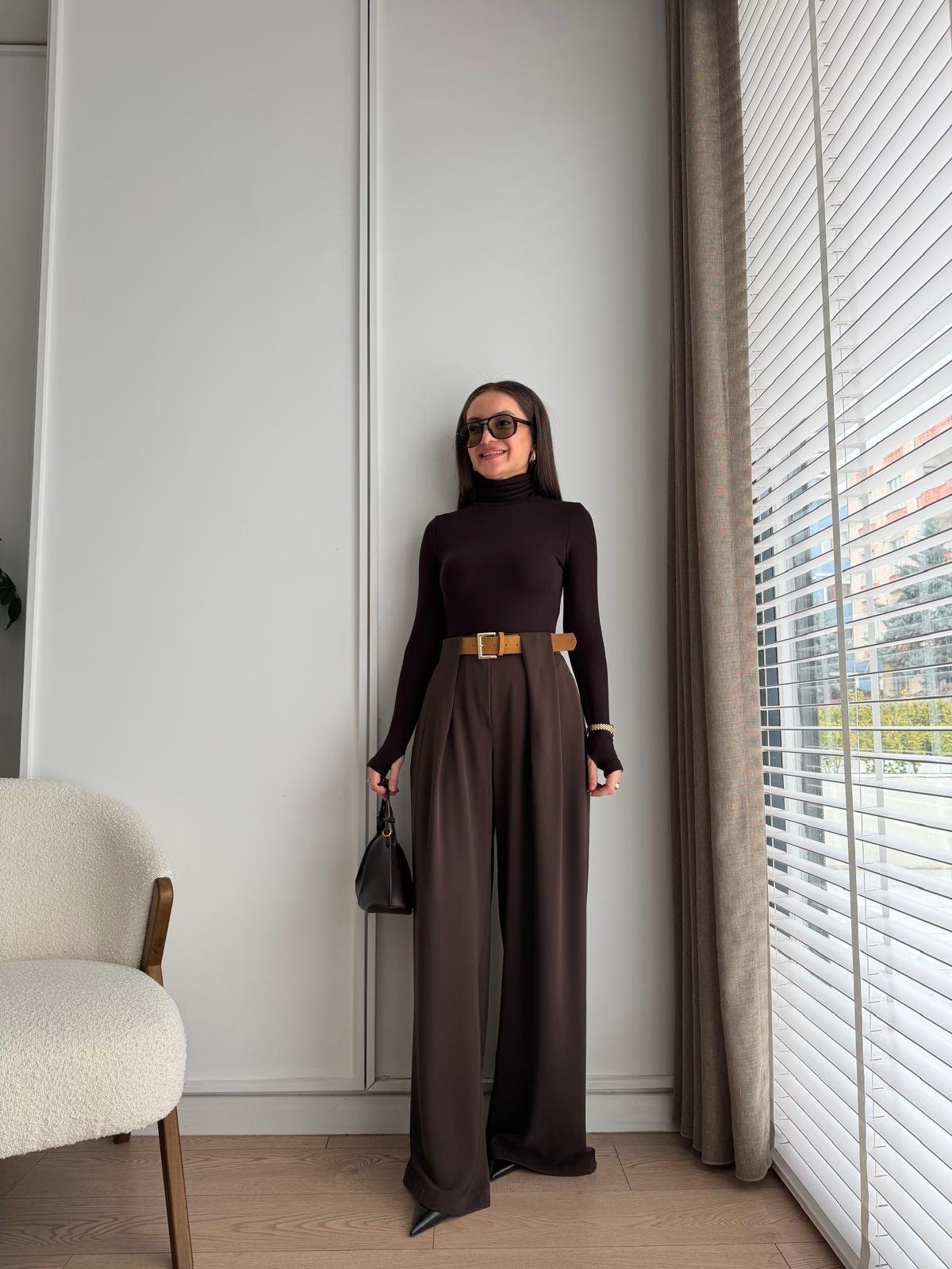 Kahve rengi Köprü Detaylı Kemerli Palazzo Pantolon 3855