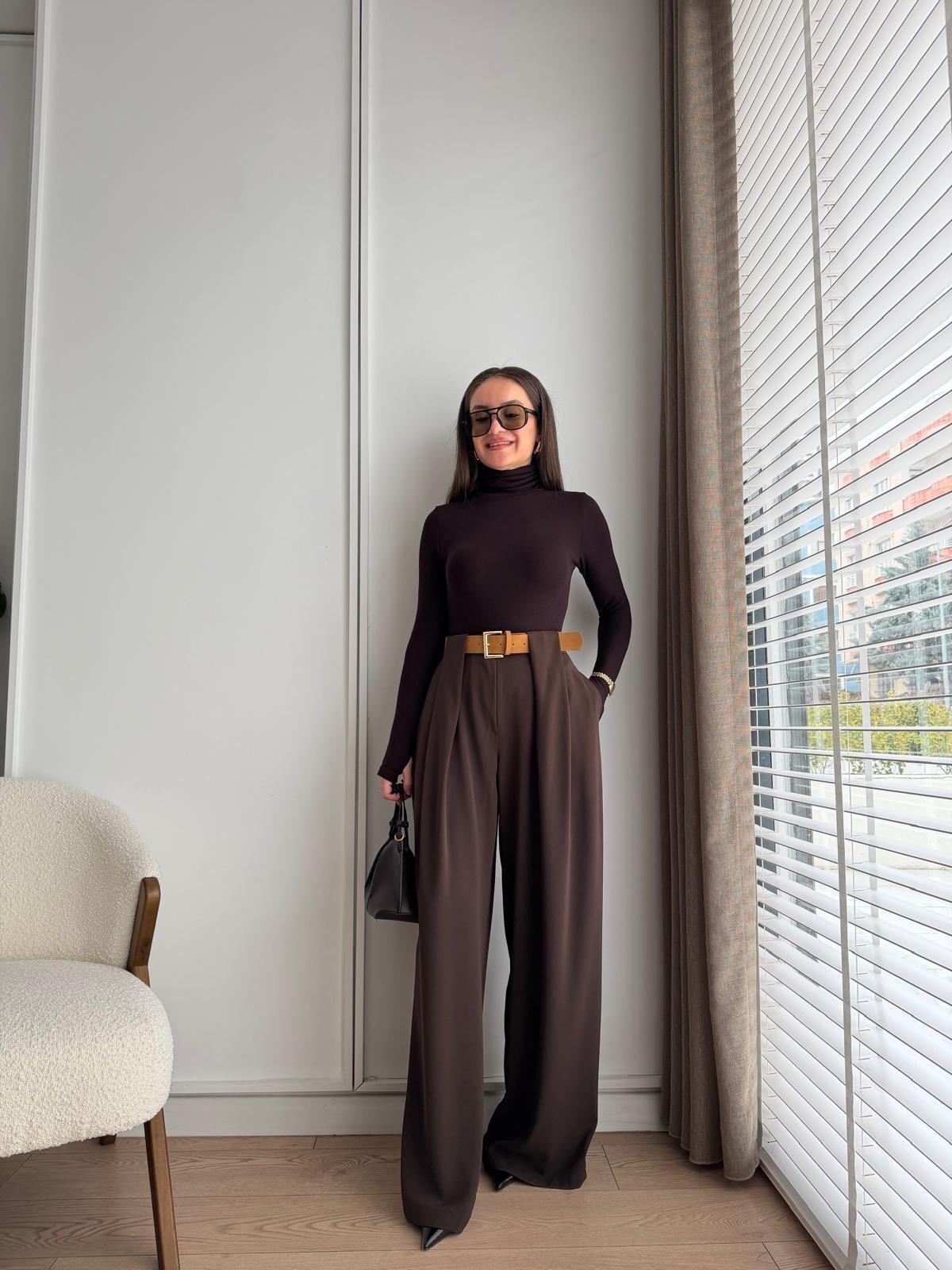 Kahve rengi Köprü Detaylı Kemerli Palazzo Pantolon 3855