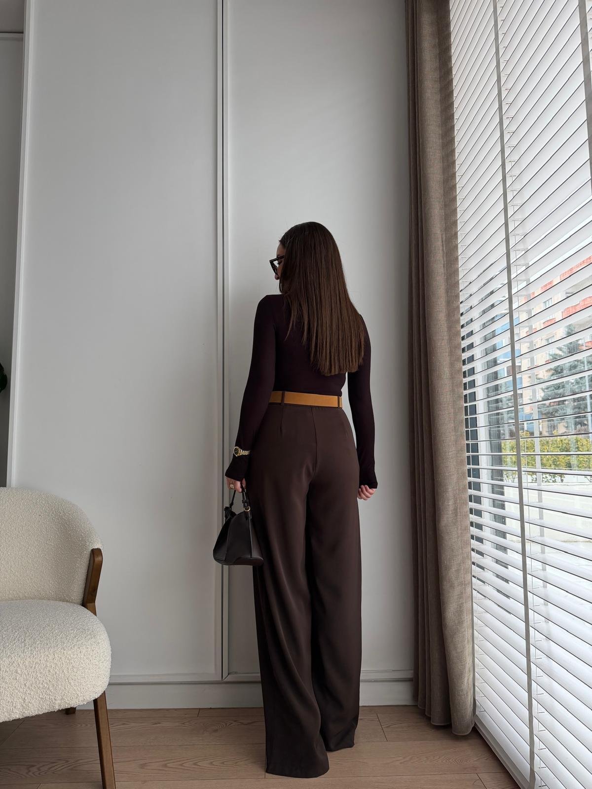 Kahve rengi Köprü Detaylı Kemerli Palazzo Pantolon 3855