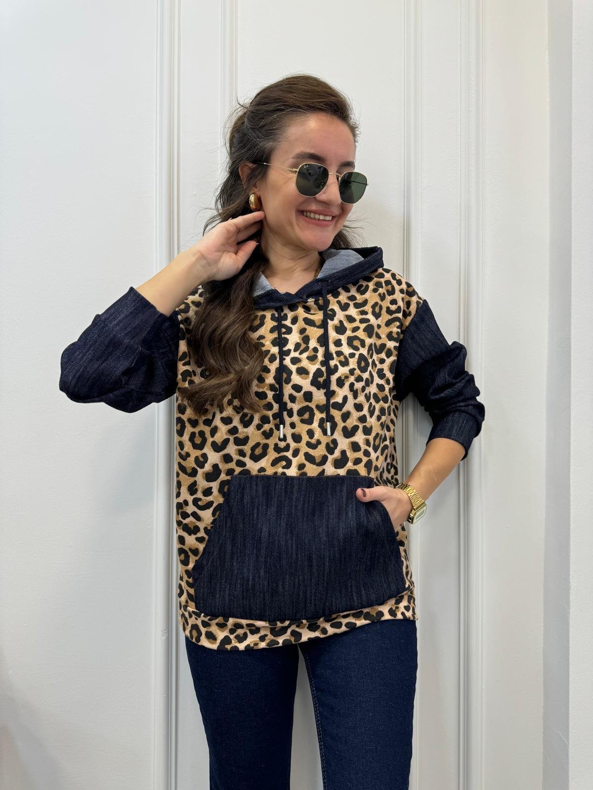 Kahve rengi Kot Detaylı Tasarım Leopar Sweatshırt 29189