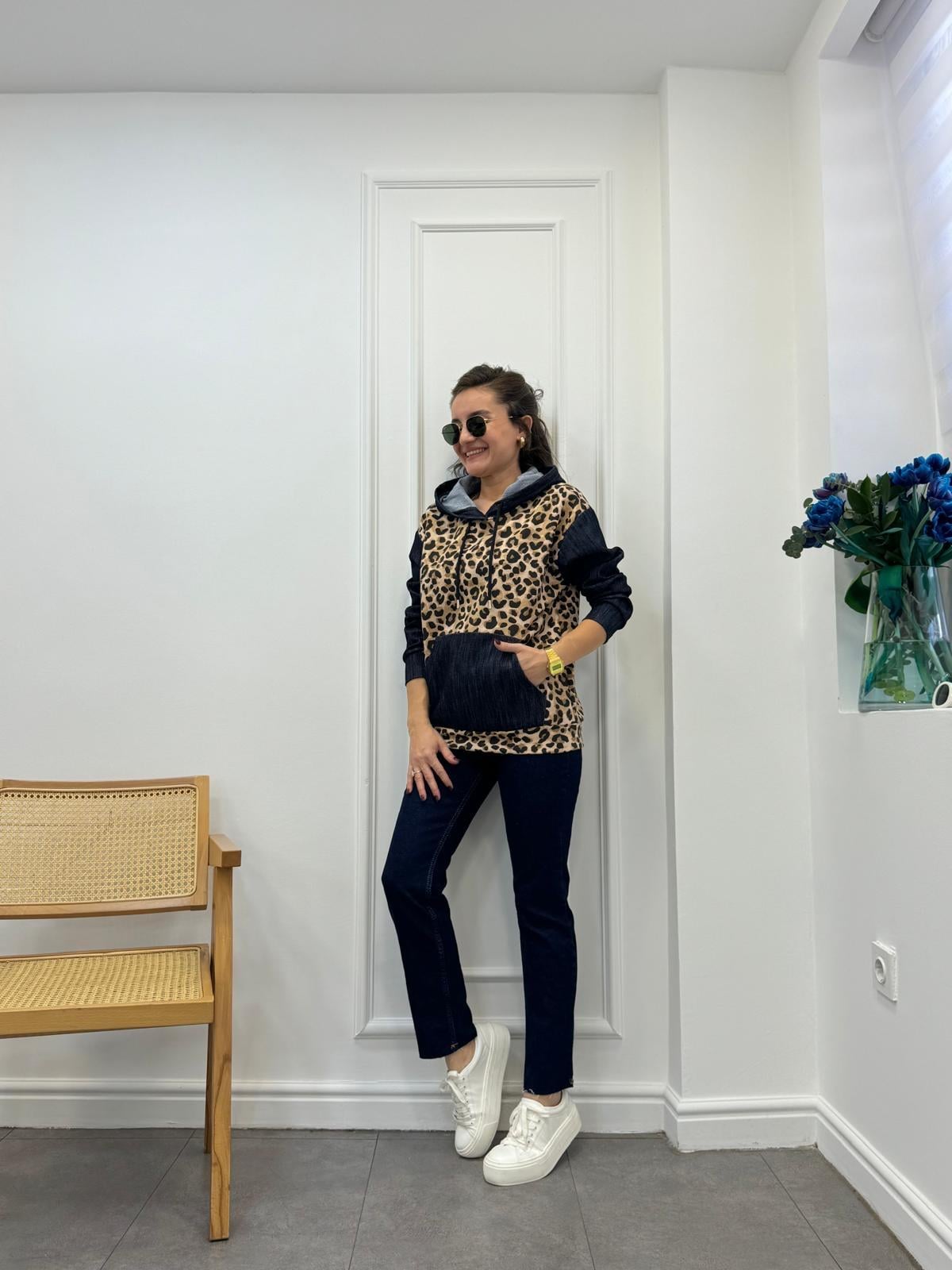 Kahve rengi Kot Detaylı Tasarım Leopar Sweatshırt 29189