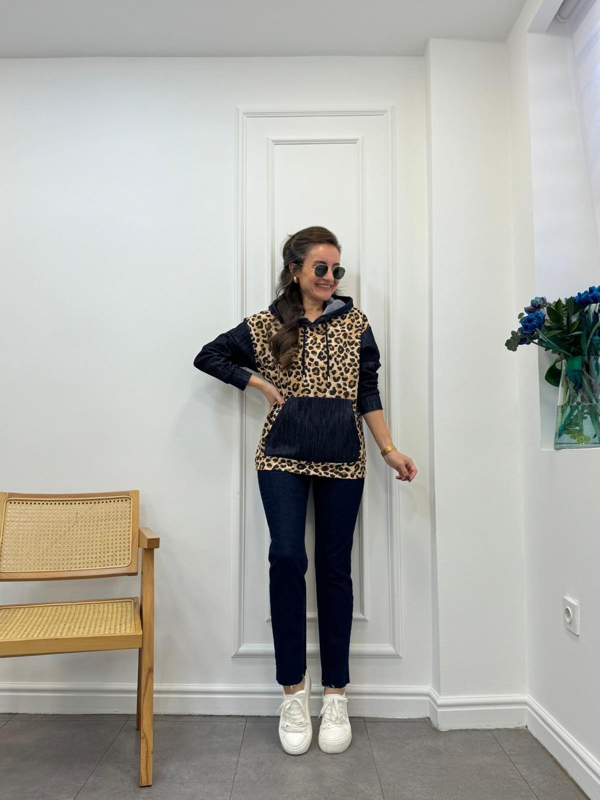 Kahve rengi Kot Detaylı Tasarım Leopar Sweatshırt 29189