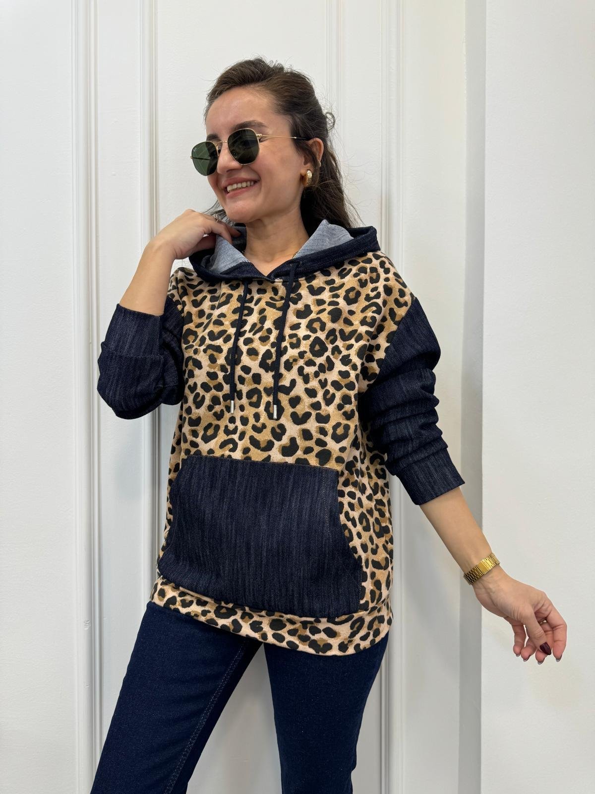 Kahve rengi Kot Detaylı Tasarım Leopar Sweatshırt 29189