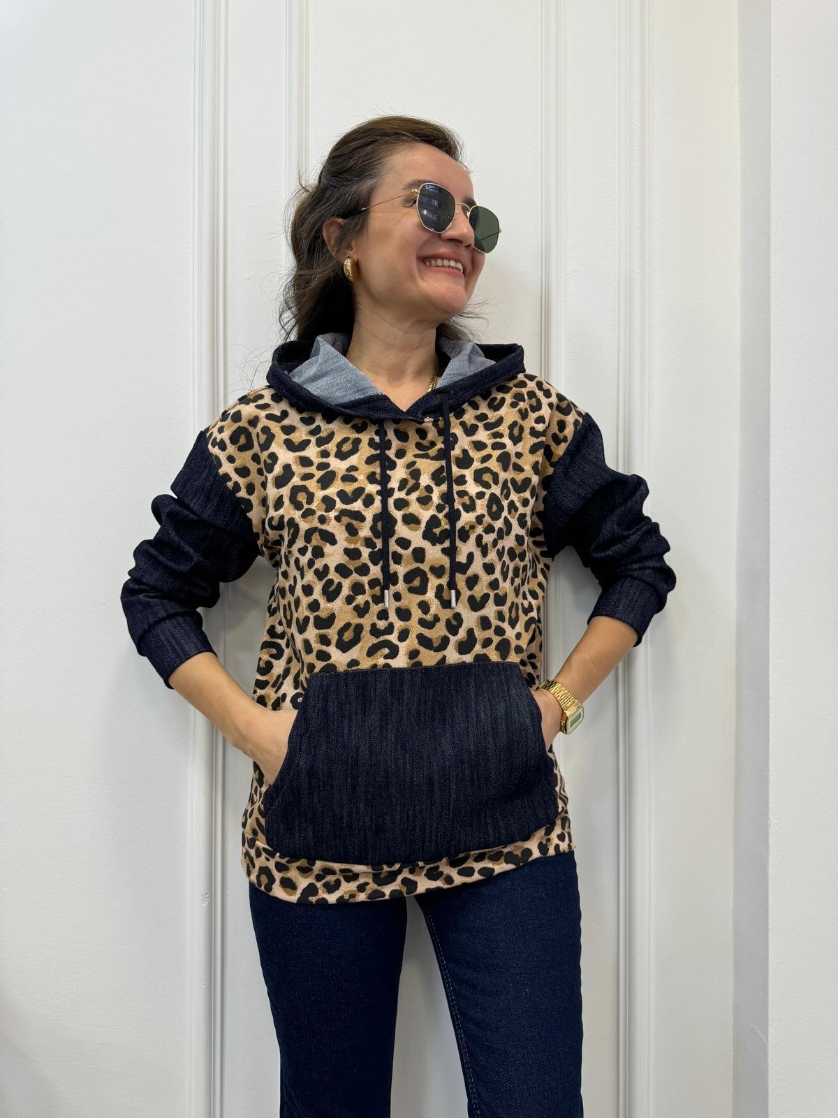 Kahve rengi Kot Detaylı Tasarım Leopar Sweatshırt 29189