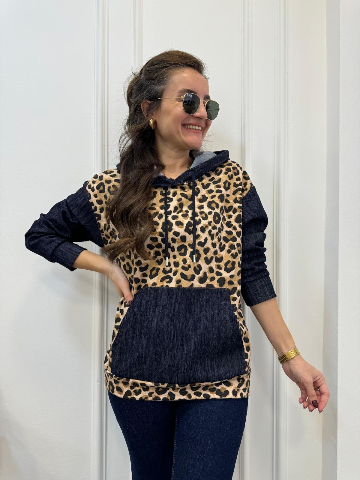 Kahve rengi Kot Detaylı Tasarım Leopar Sweatshırt 29189