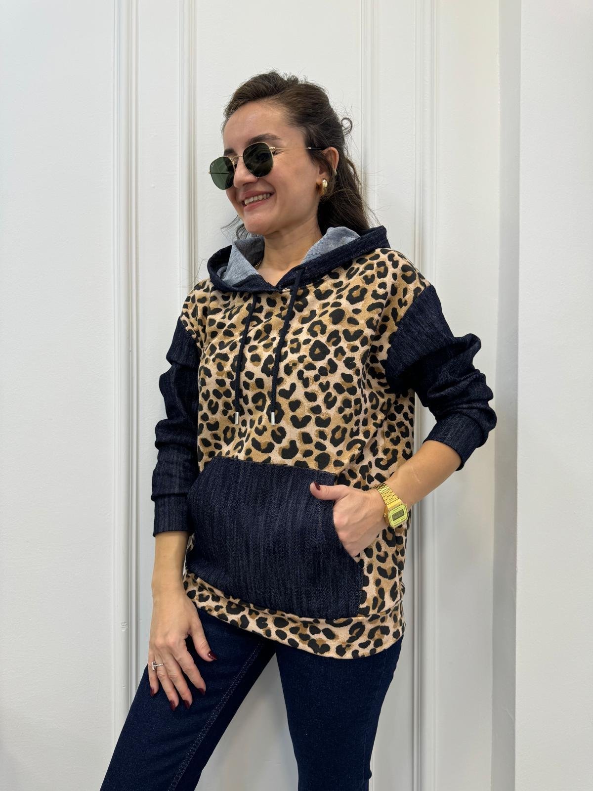 Kahve rengi Kot Detaylı Tasarım Leopar Sweatshırt 29189