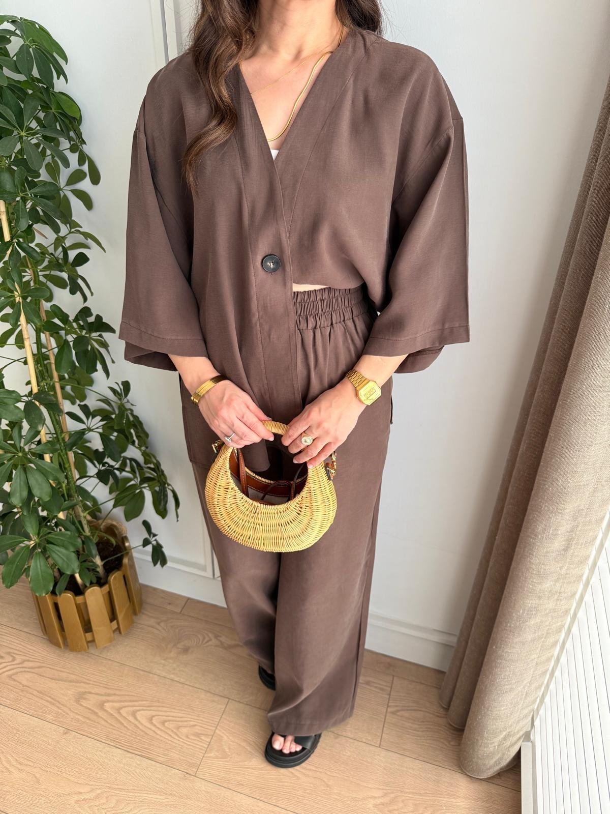 Kahve rengi Kruvaze Yaka Düğmeli Kimono Takım 1121