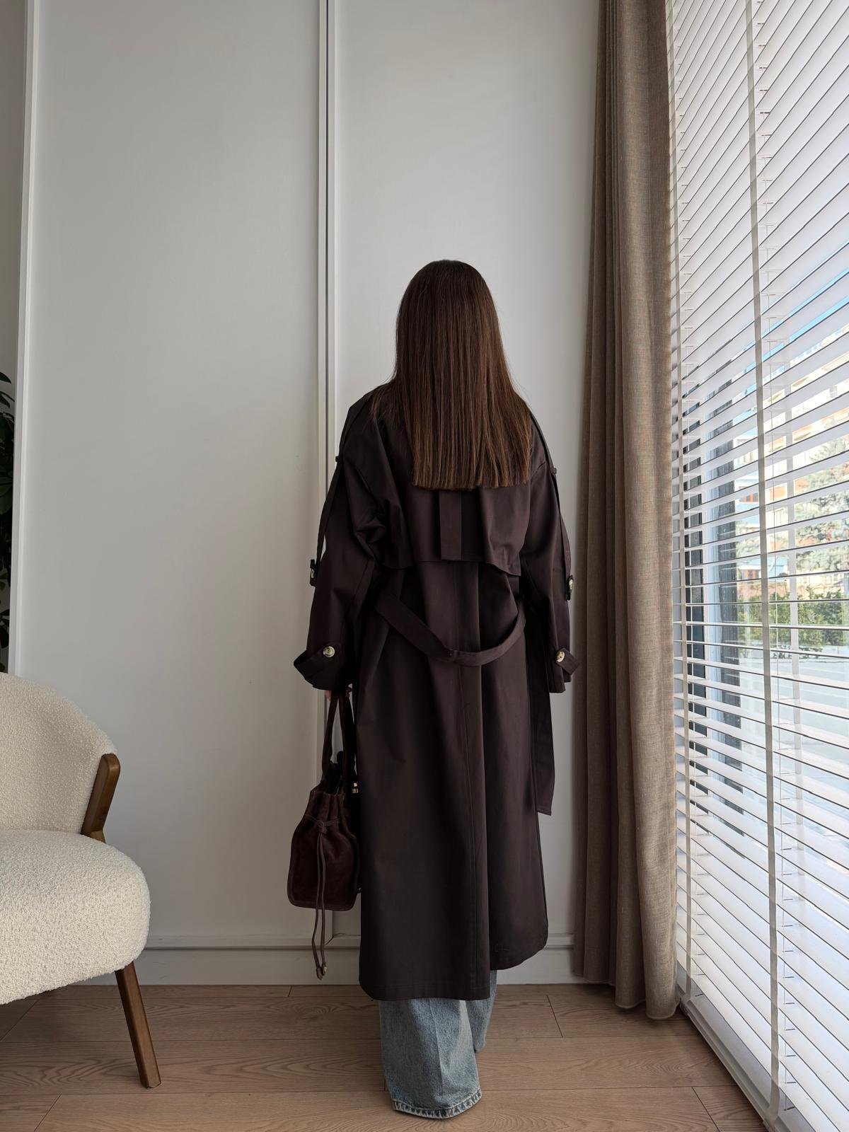 Kahve rengi Kruvaze Yaka Oversize Trençkot 6340