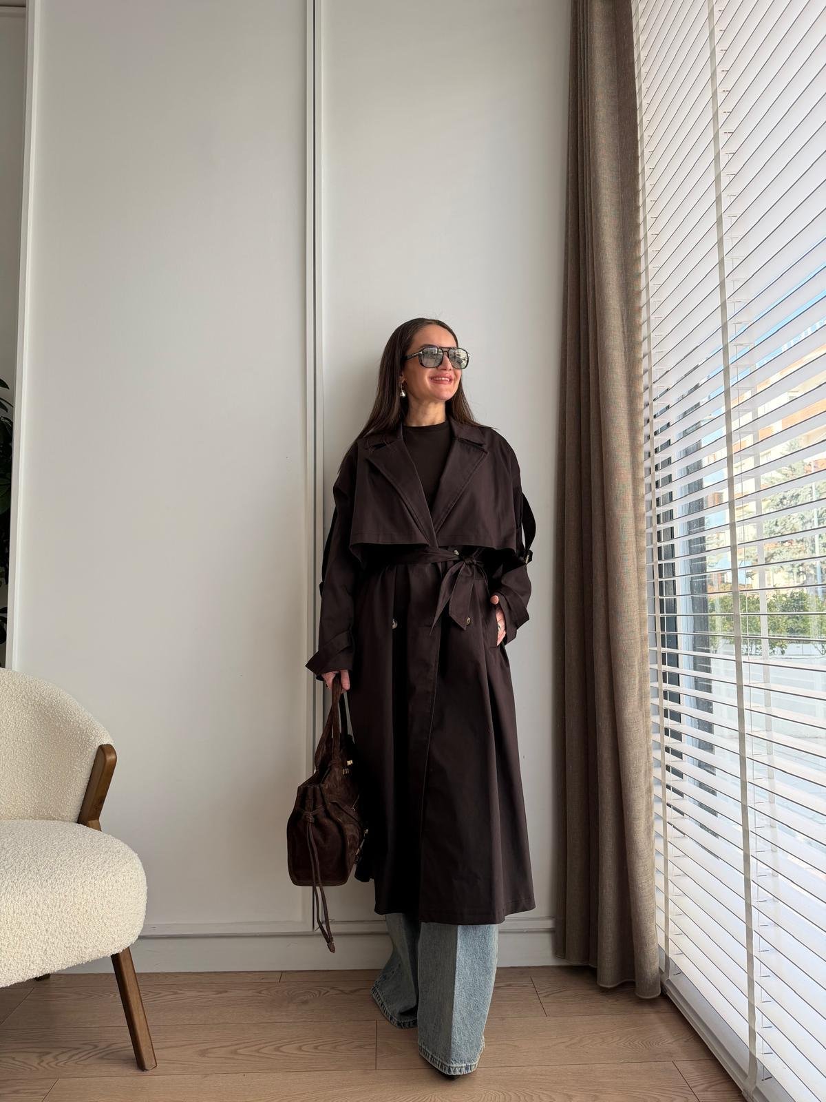 Kahve rengi Kruvaze Yaka Oversize Trençkot 6340