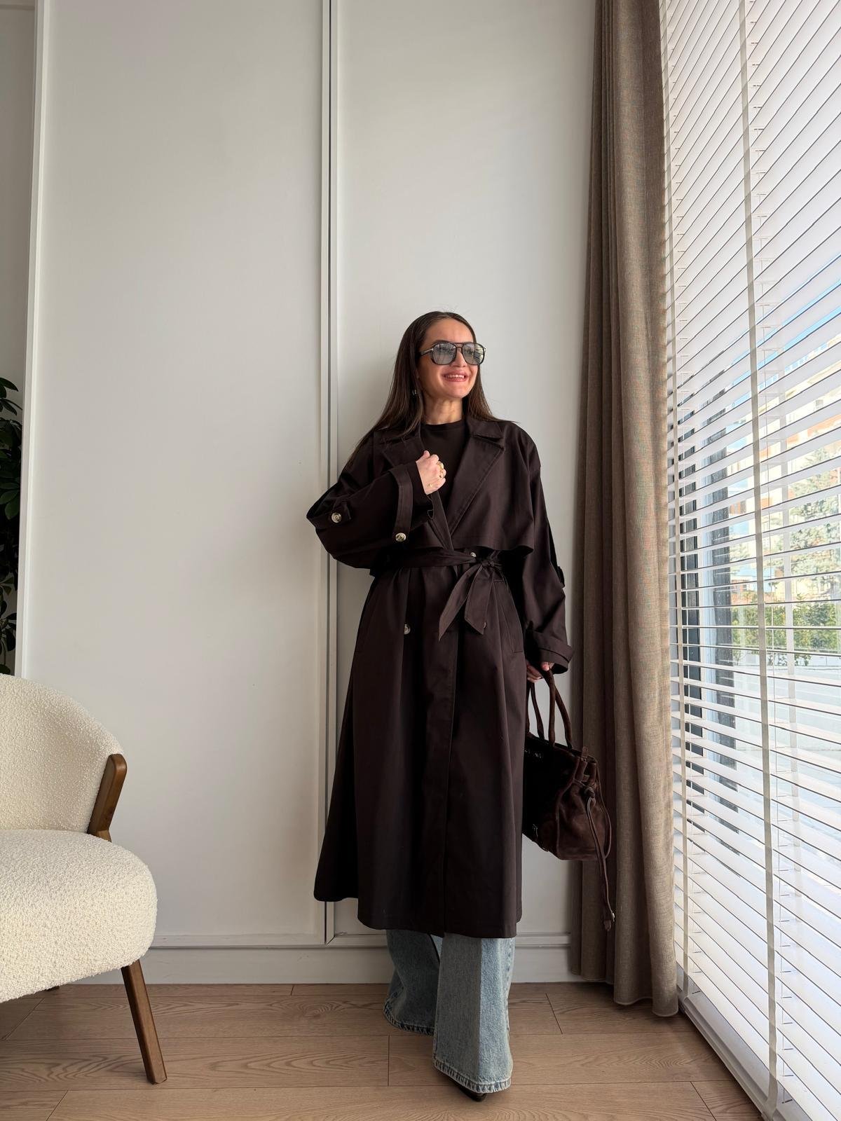 Kahve rengi Kruvaze Yaka Oversize Trençkot 6340