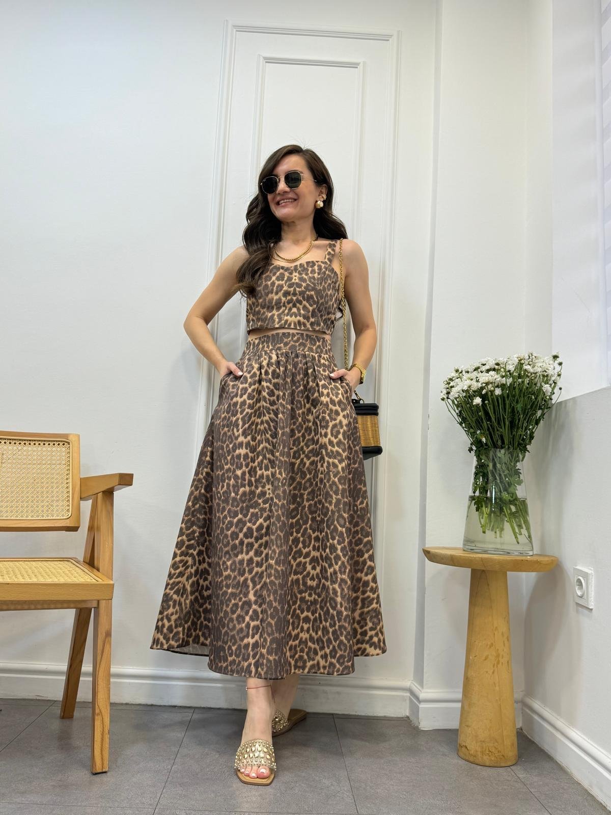 Kahve rengi Leopar Crop Etek Takım 00524