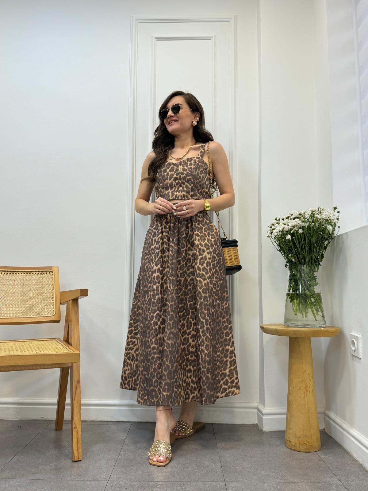 Kahve rengi Leopar Crop Etek Takım 00524