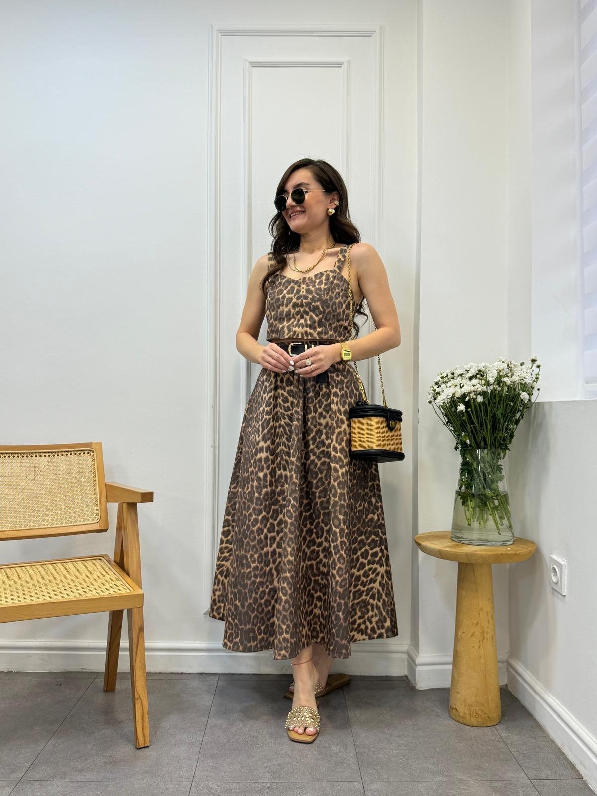 Kahve rengi Leopar Crop Etek Takım 00524