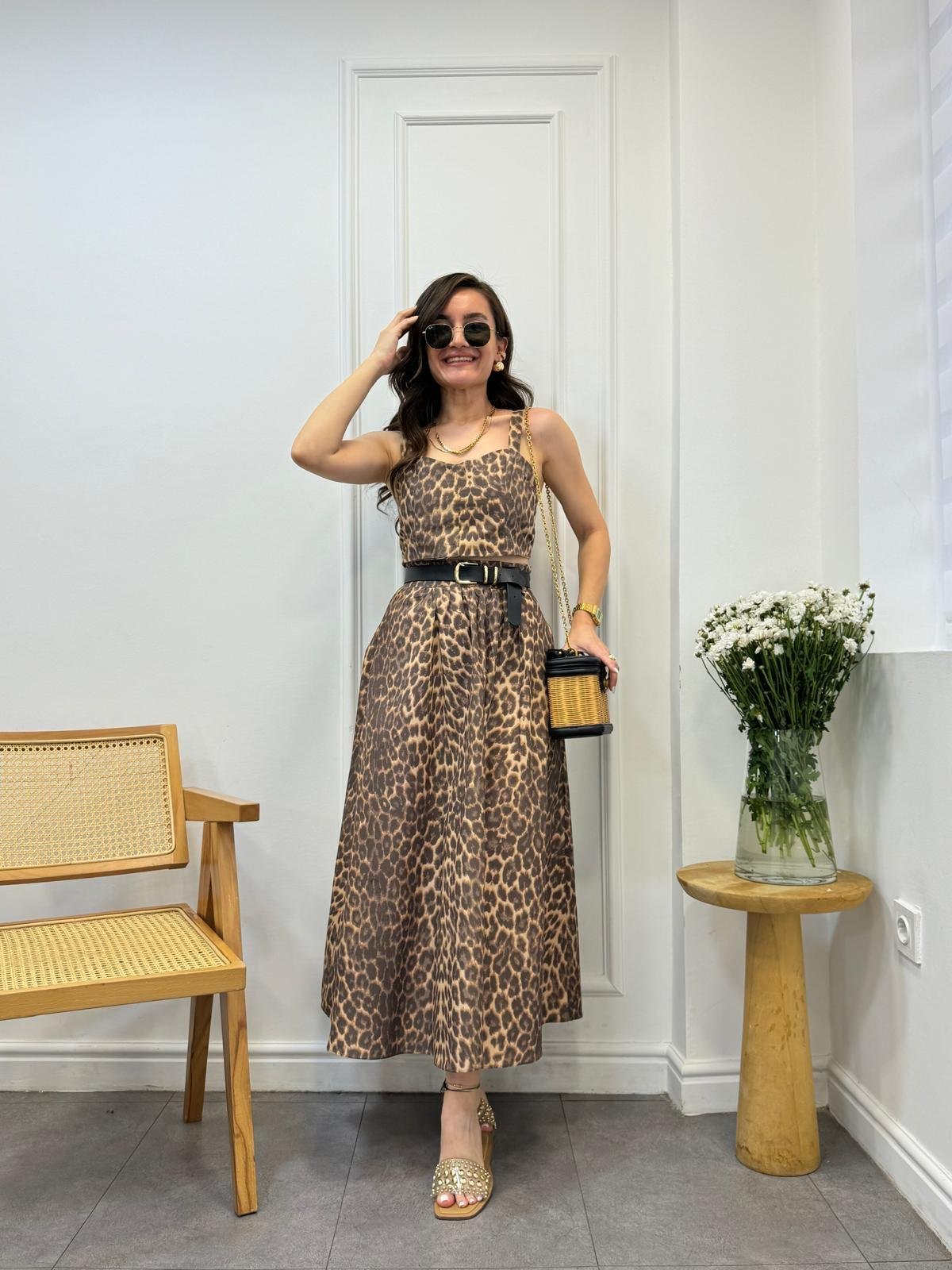 Kahve rengi Leopar Crop Etek Takım 00524