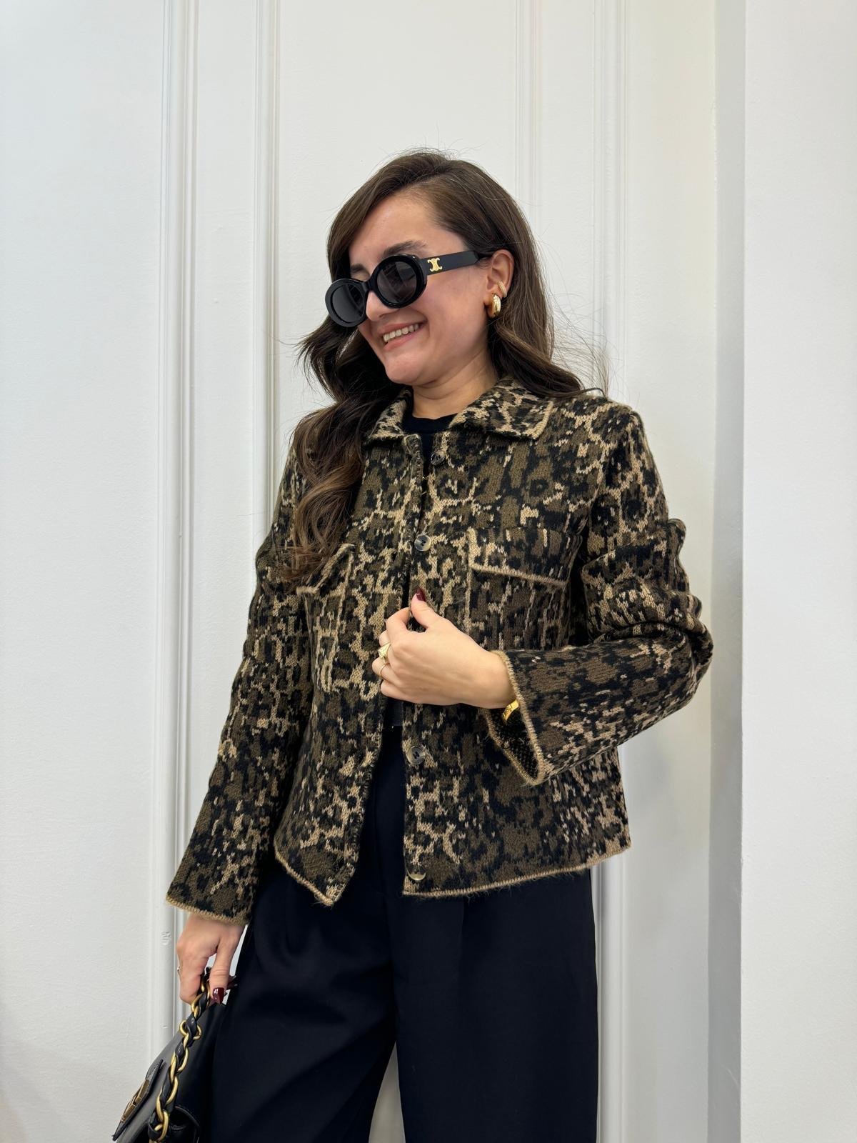 Kahve rengi Leopar Desen Cepli Triko Ceket 2402