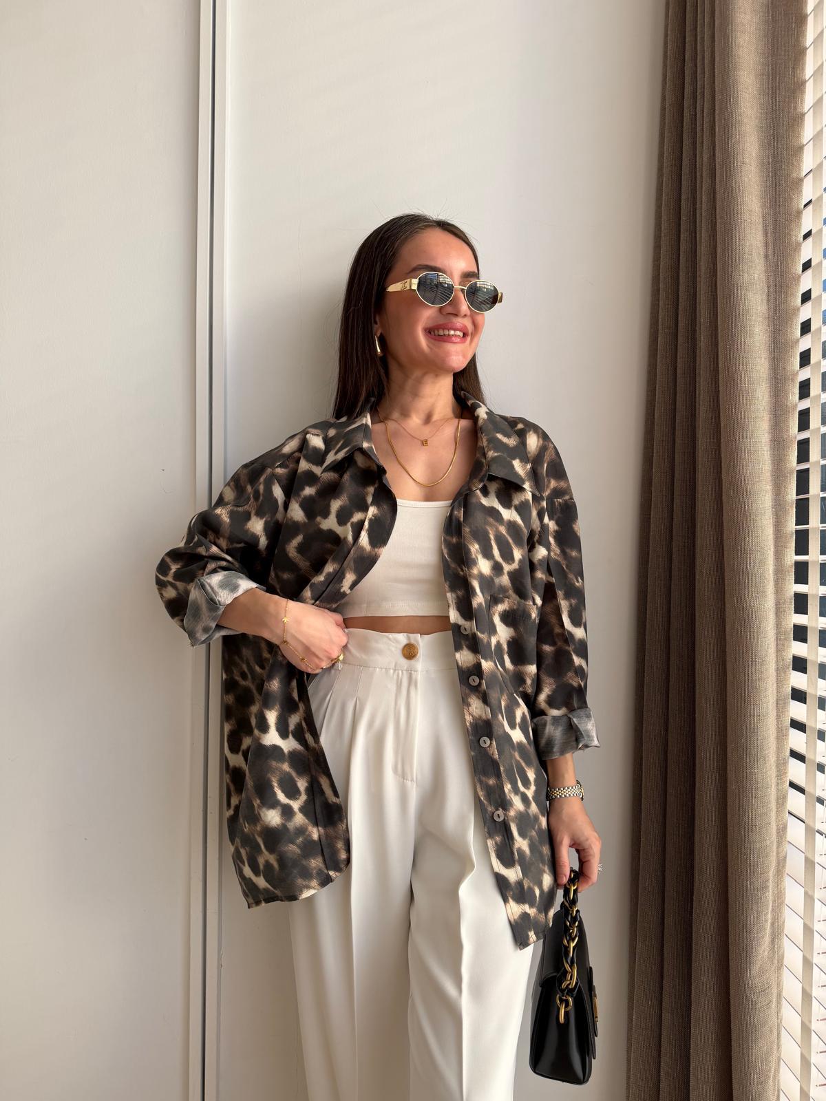 Kahve rengi Leopar Desen Oversize Gömlek 5027