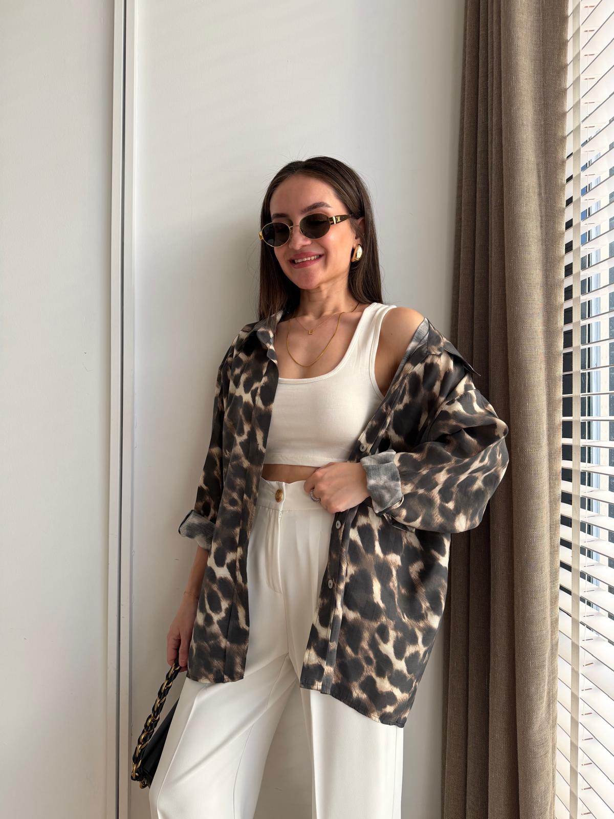 Kahve rengi Leopar Desen Oversize Gömlek 5027