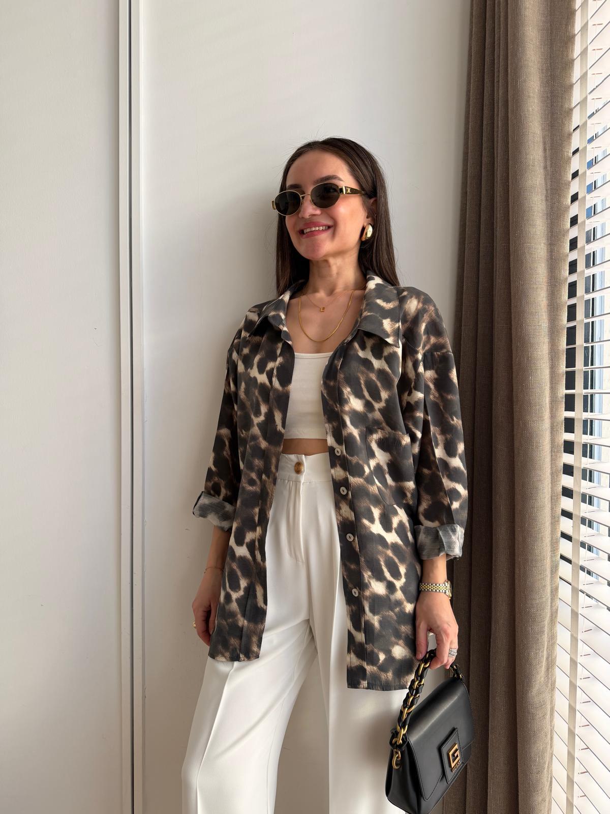 Kahve rengi Leopar Desen Oversize Gömlek 5027