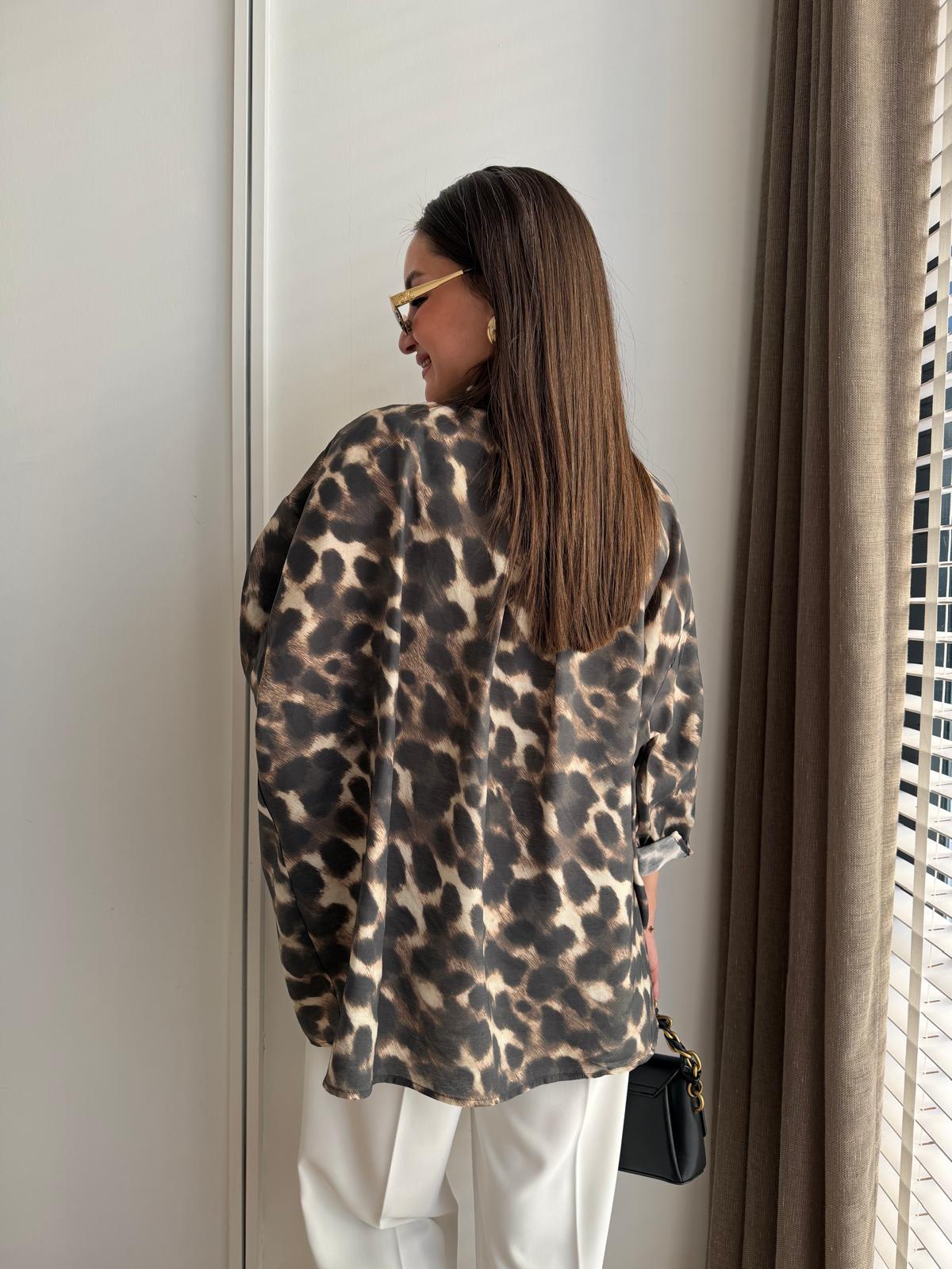 Kahve rengi Leopar Desen Oversize Gömlek 5027