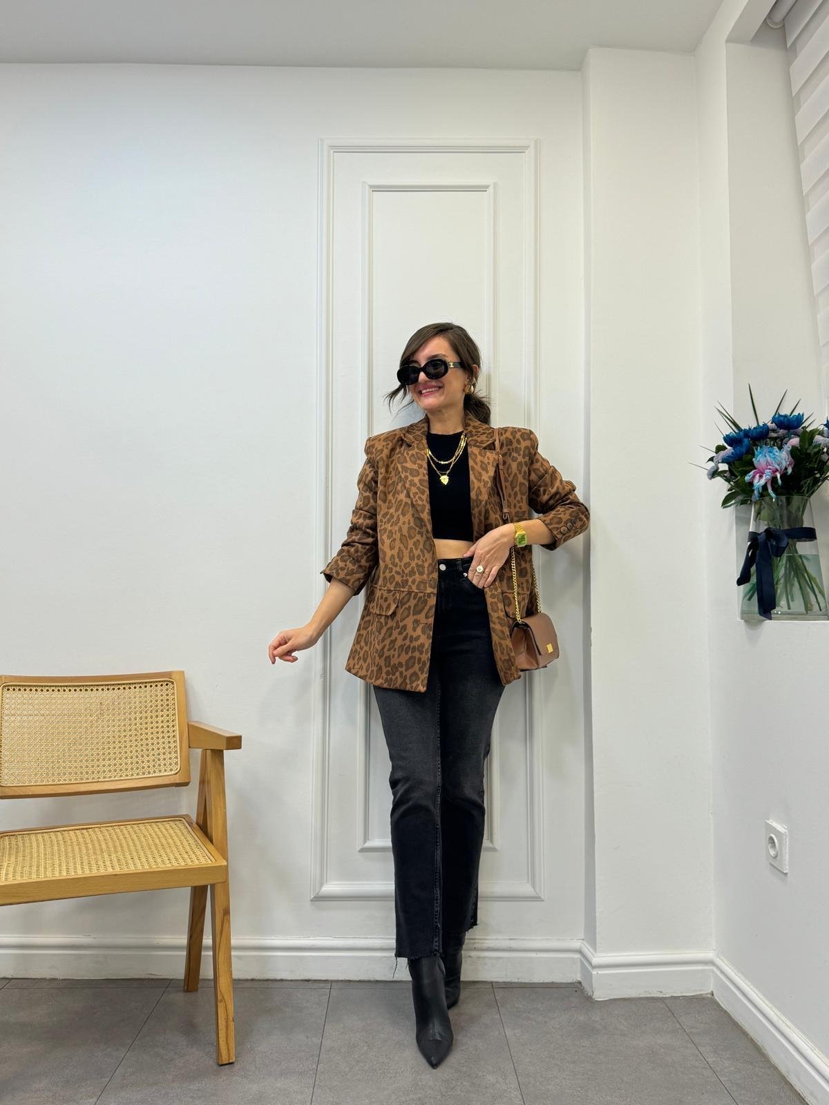 Kahve rengi Leopar Desen Premıum Kalite Süet Blazer Ceket 35424