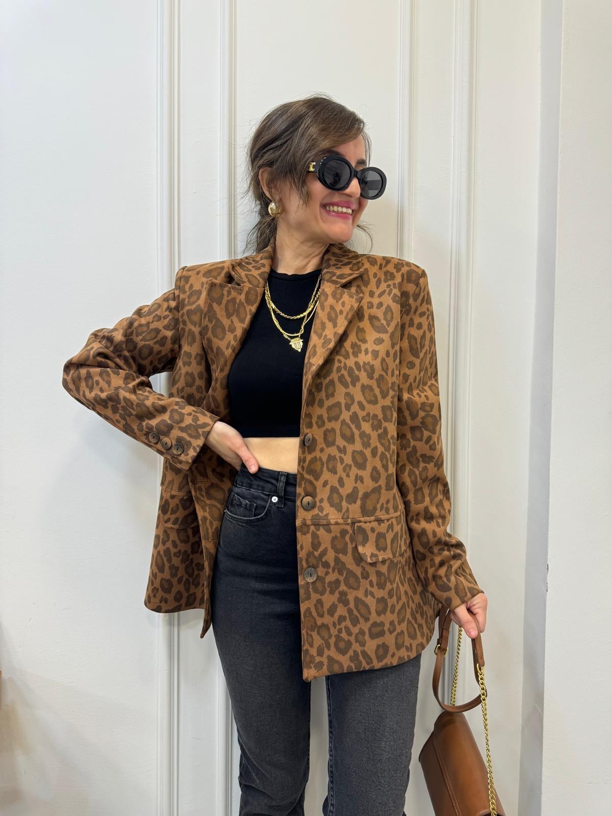 Kahve rengi Leopar Desen Premıum Kalite Süet Blazer Ceket 35424