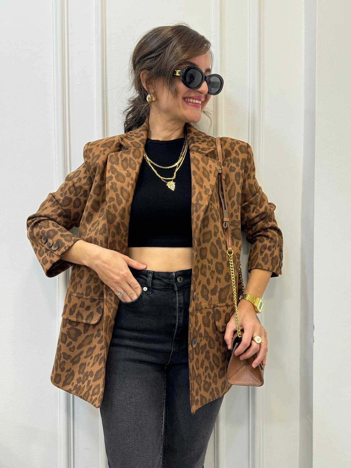 Kahve rengi Leopar Desen Premıum Kalite Süet Blazer Ceket 35424