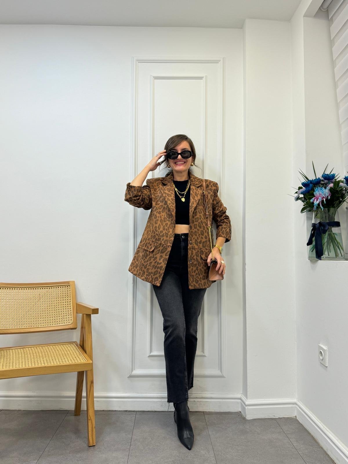 Kahve rengi Leopar Desen Premıum Kalite Süet Blazer Ceket 35424