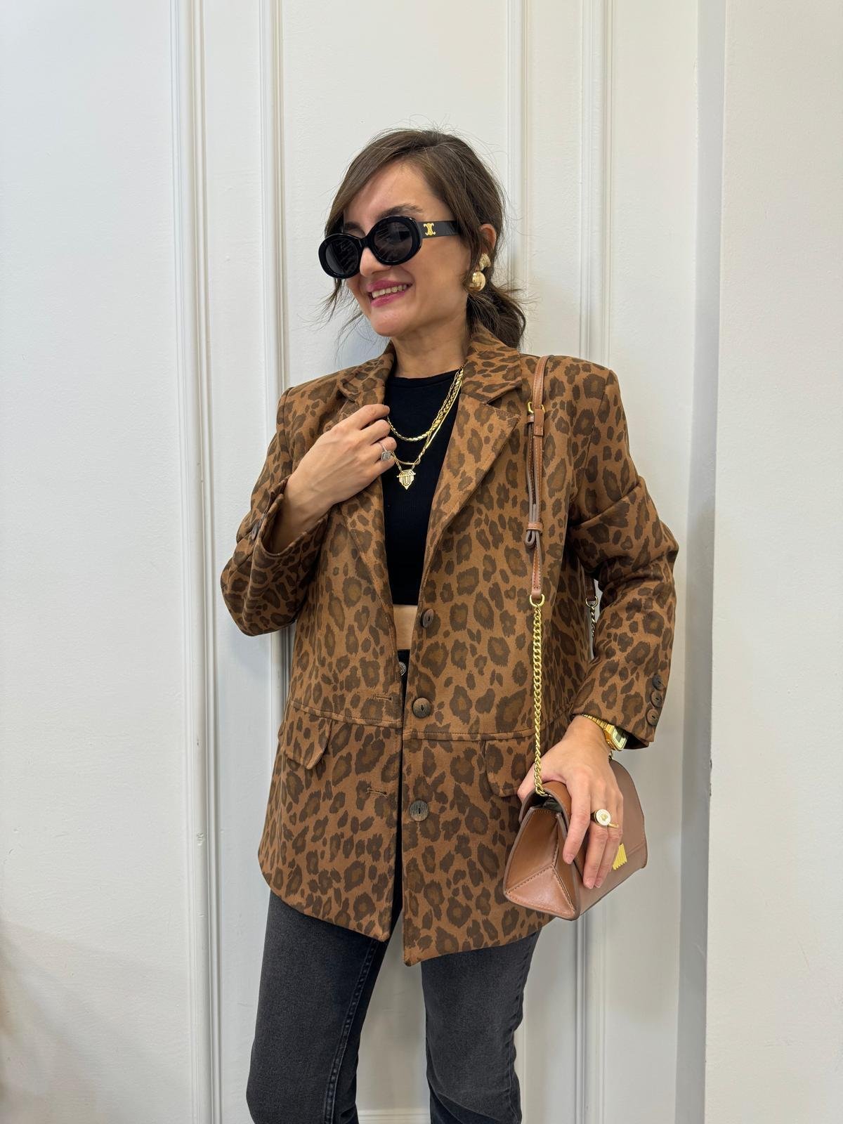 Kahve rengi Leopar Desen Premıum Kalite Süet Blazer Ceket 35424