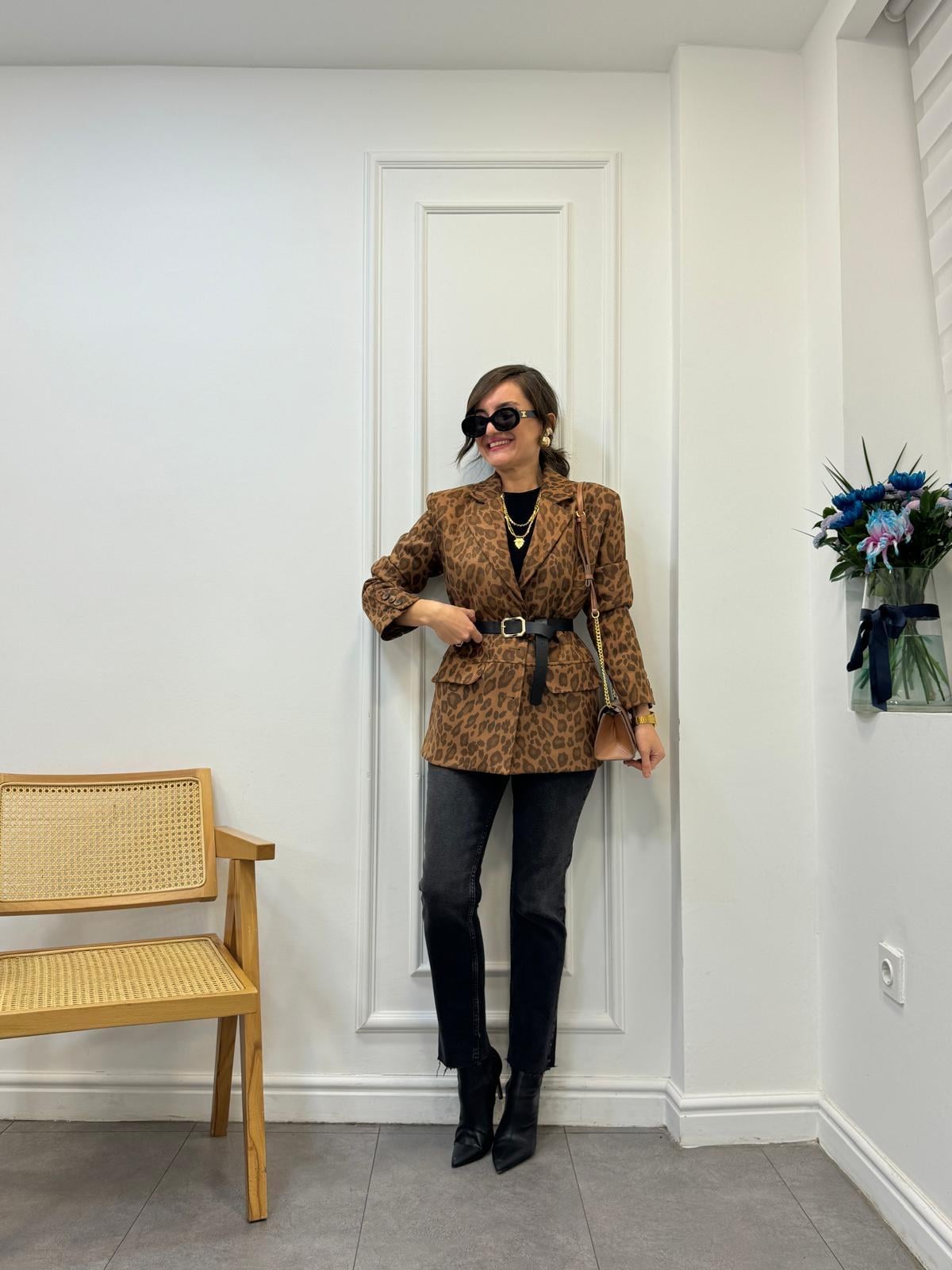 Kahve rengi Leopar Desen Premıum Kalite Süet Blazer Ceket 35424