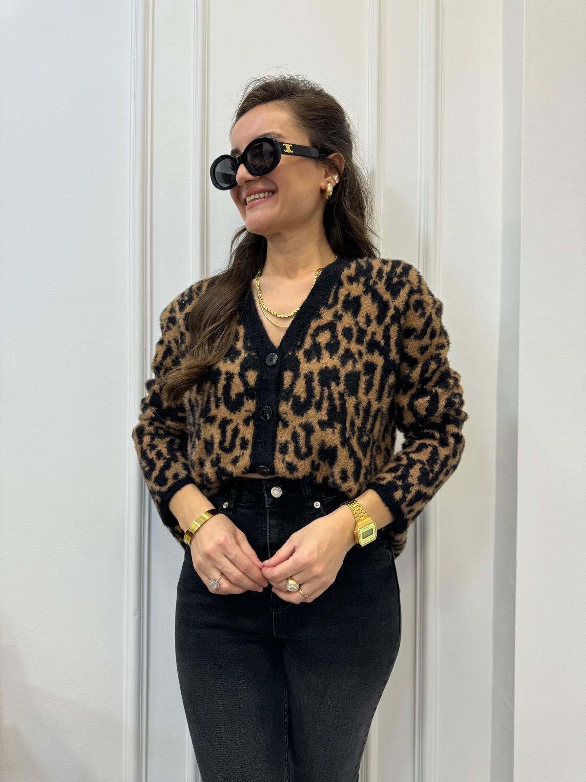 Kahve rengi Leopar Desen Sakallı Triko Hırka 35438