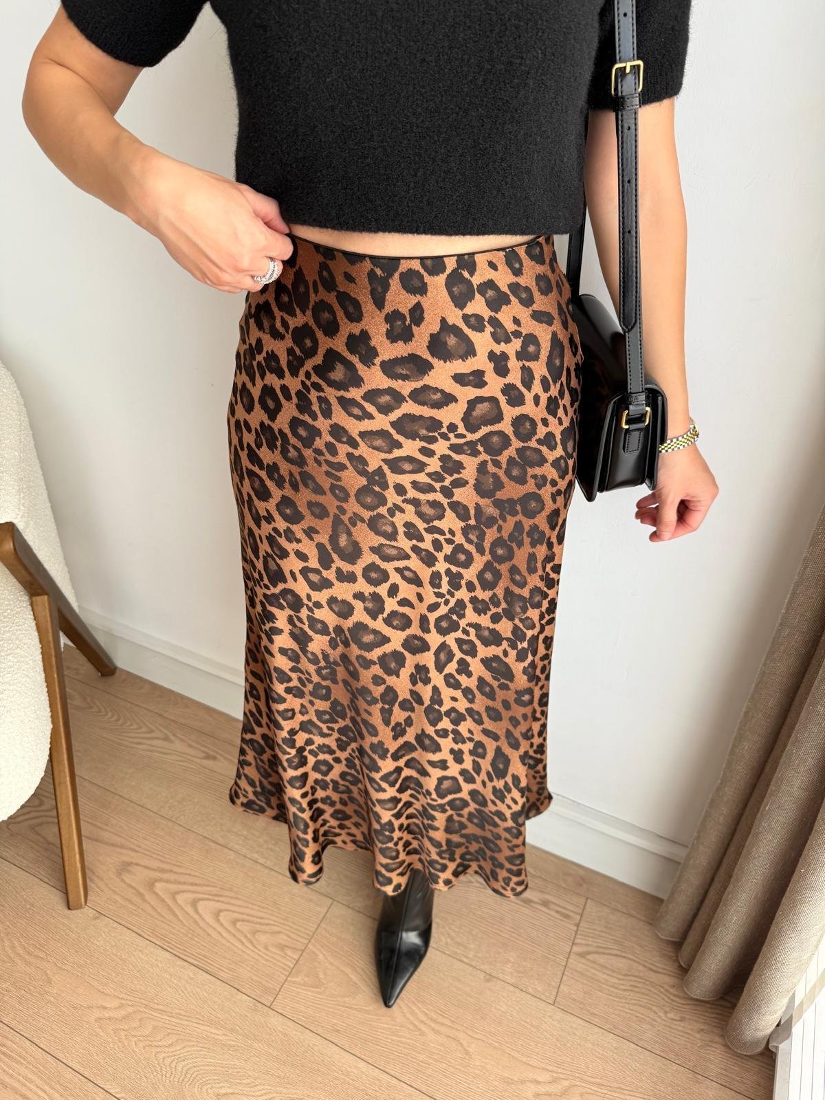 Kahve rengi Leopar Desen Saten Etek 7538