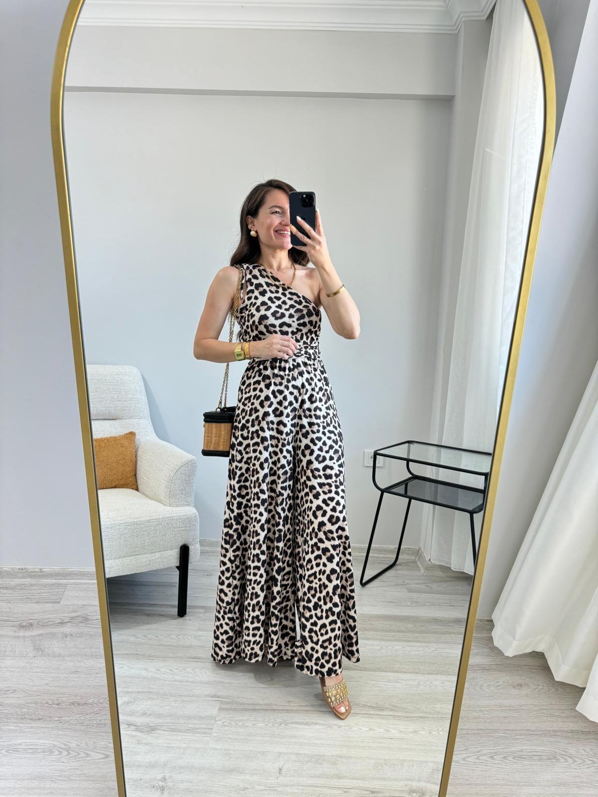 Kahve rengi Leopar Desen Tek Omuz Bel Drape Detaylı Tulum 6434