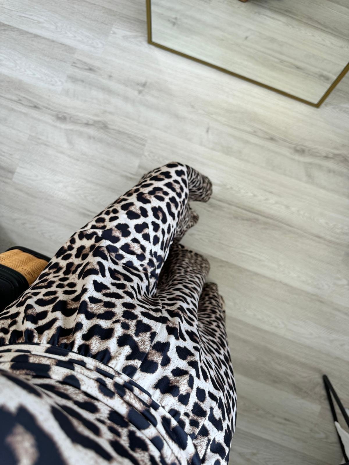 Kahve rengi Leopar Desen Tek Omuz Bel Drape Detaylı Tulum 6434