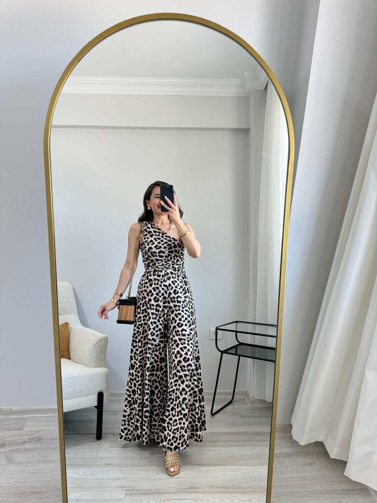 Kahve rengi Leopar Desen Tek Omuz Bel Drape Detaylı Tulum 6434