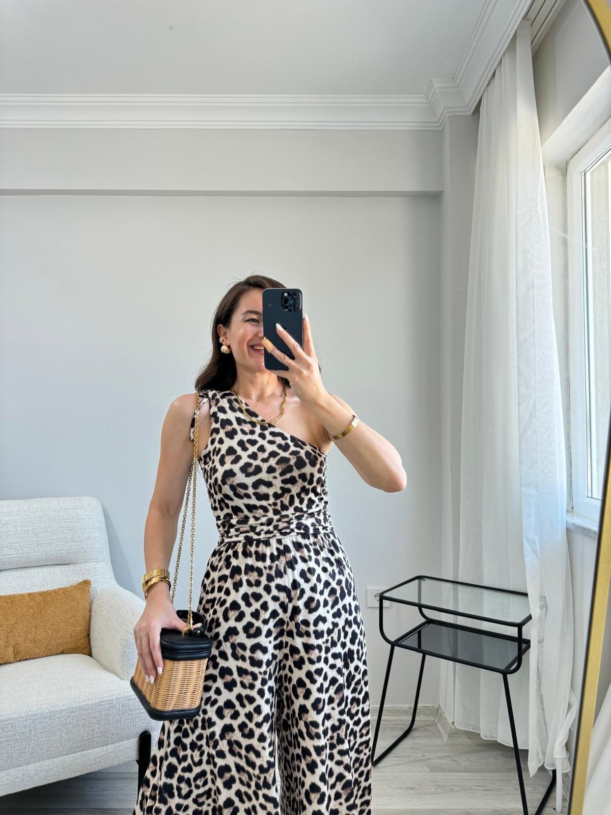 Kahve rengi Leopar Desen Tek Omuz Bel Drape Detaylı Tulum 6434