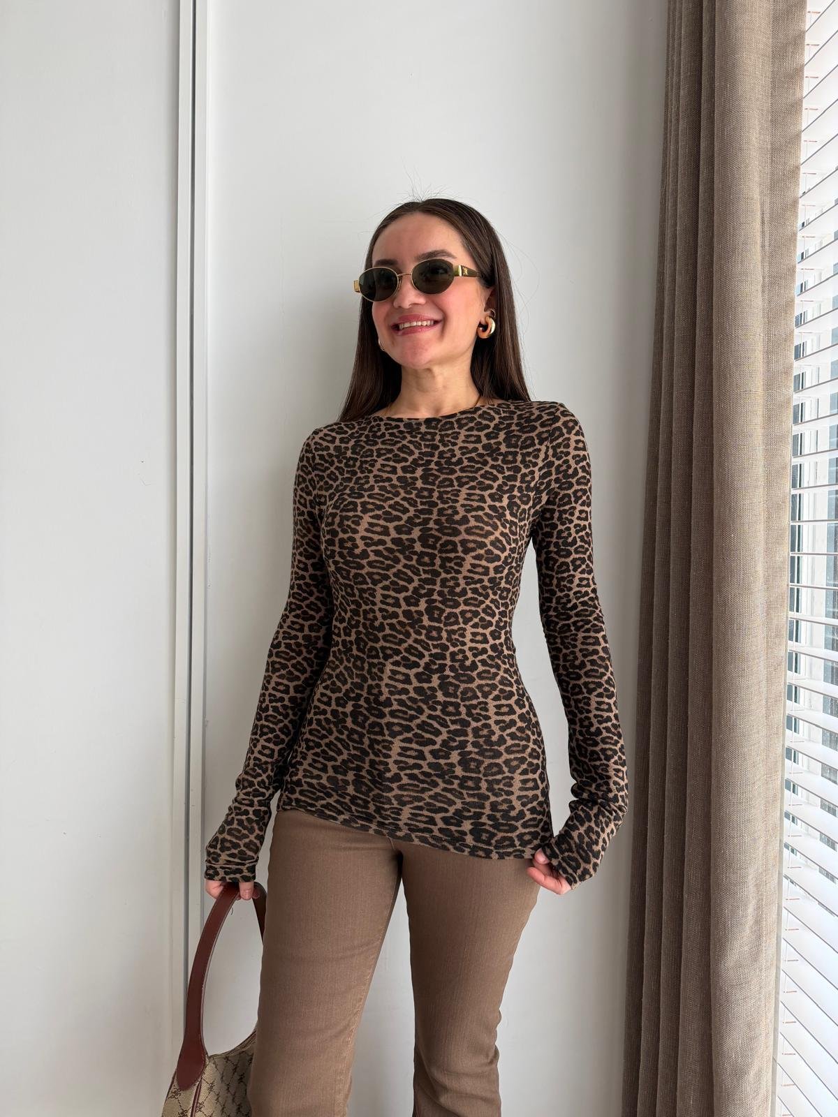 Kahve rengi Leopar Desen Uzun Kol Bluz 32206