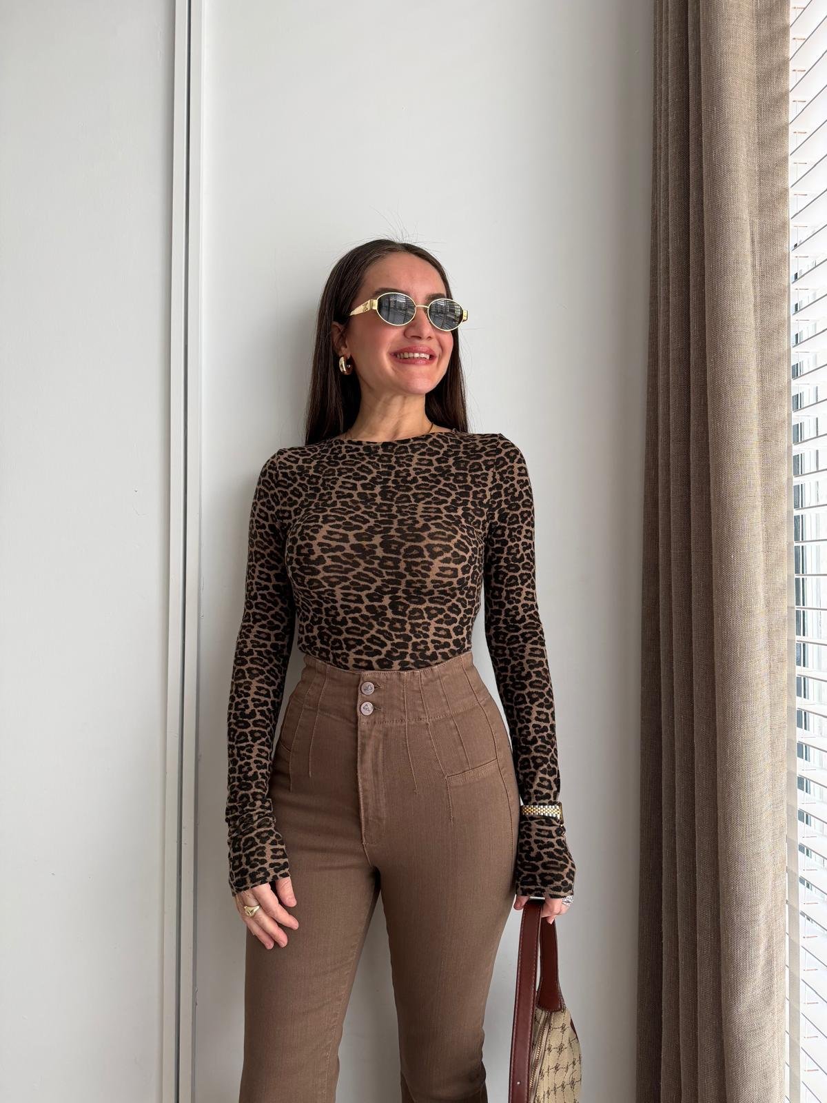 Kahve rengi Leopar Desen Uzun Kol Bluz 32206