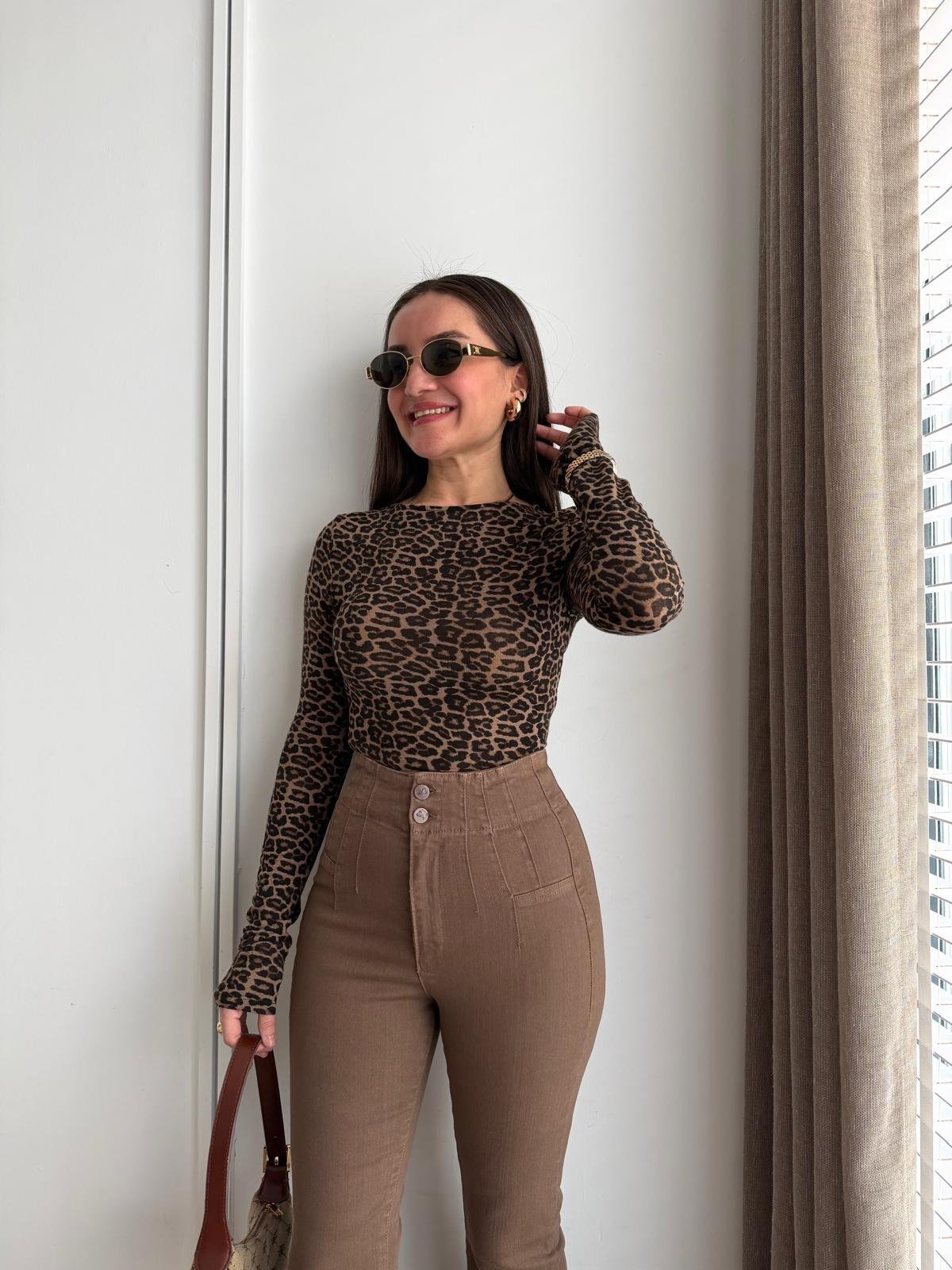Kahve rengi Leopar Desen Uzun Kol Bluz 32206