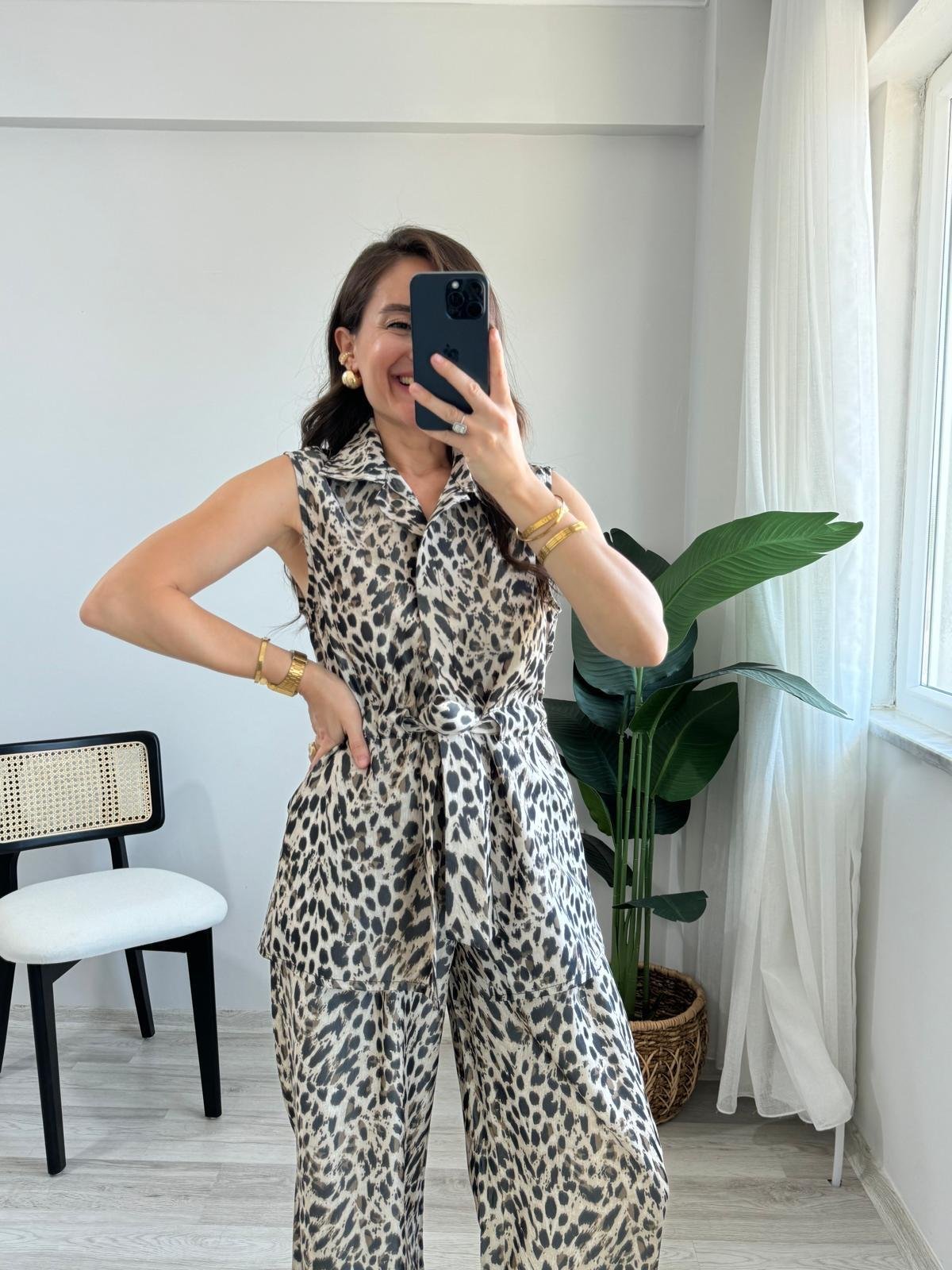 Kahve rengi Leopar Desen Yelek Pantolon Takım 2901
