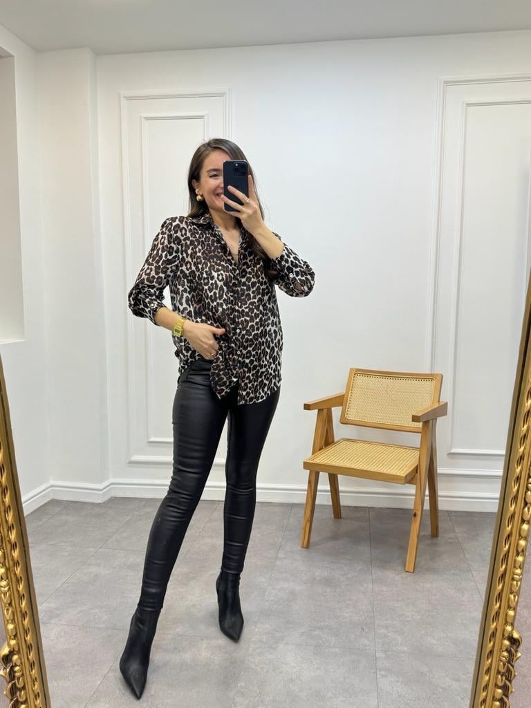 Kahve rengi Leopar Desenli Kolu Geniş Manşetli Oversize Gömlek 2301