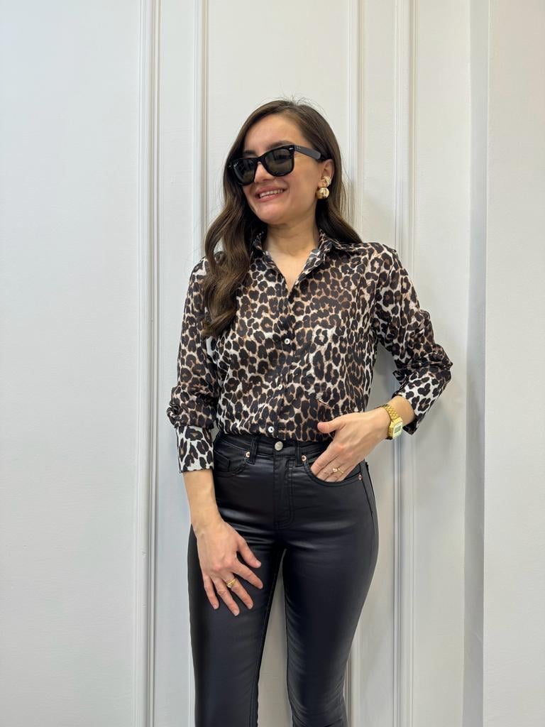 Kahve rengi Leopar Desenli Kolu Geniş Manşetli Oversize Gömlek 2301